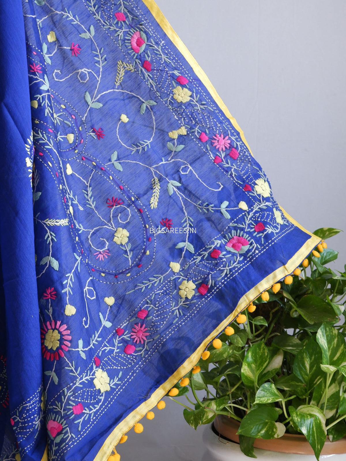 Phulkari Hand-Embroidered Saree | Chanderi Silk | Royal Blue