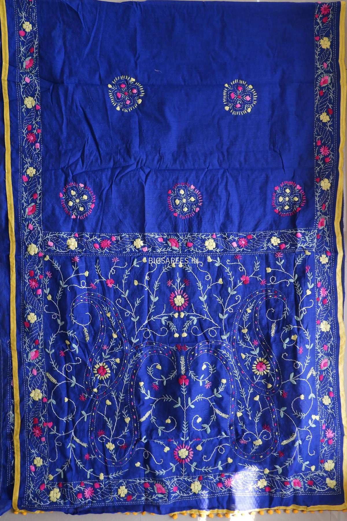 Phulkari Hand-Embroidered Saree | Chanderi Silk | Royal Blue