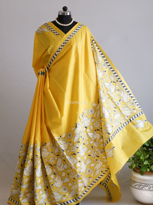 Kantha - Stitch Hand Embroidered Saree | Pure Bangalore Silk | Silk Mark Certified | Yellow
