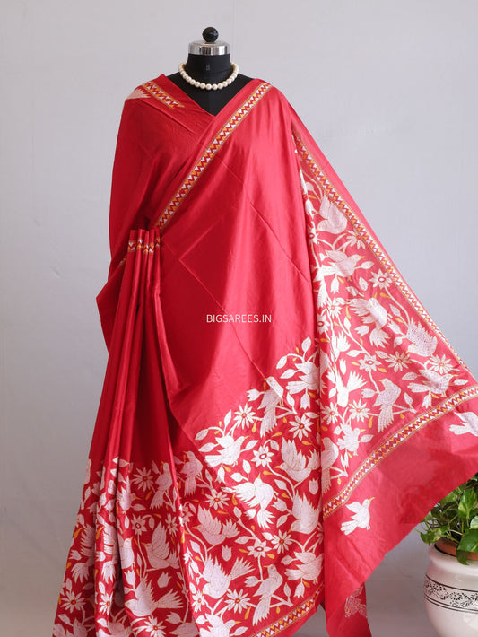 Kantha - Stitch Hand Embroidered Saree | Pure Bangalore Silk | Silk Mark Certified | Red