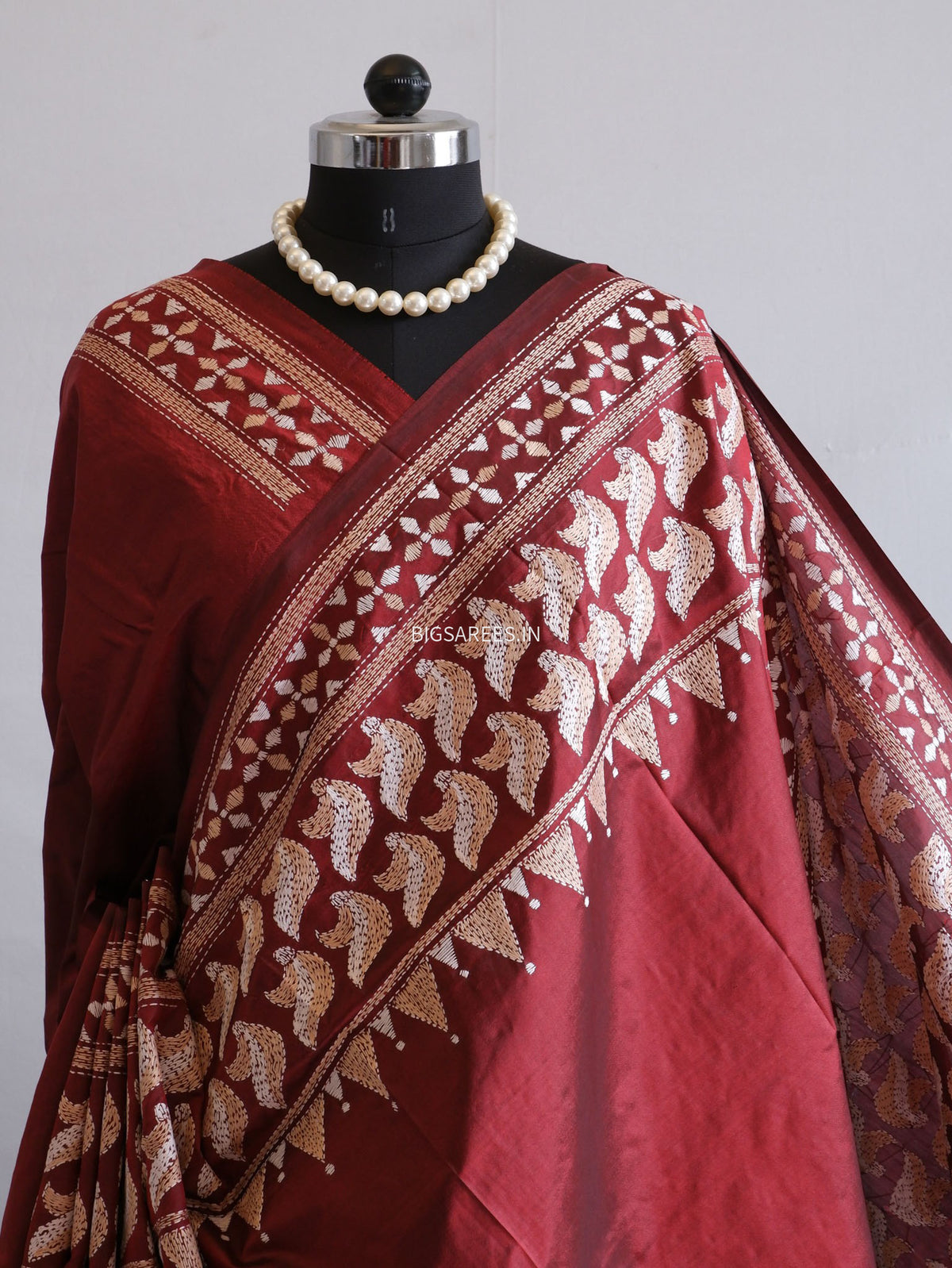 Kantha - Stitch Hand Embroidered Saree | Pure Bangalore Silk | Silk Mark Certified | Maroon
