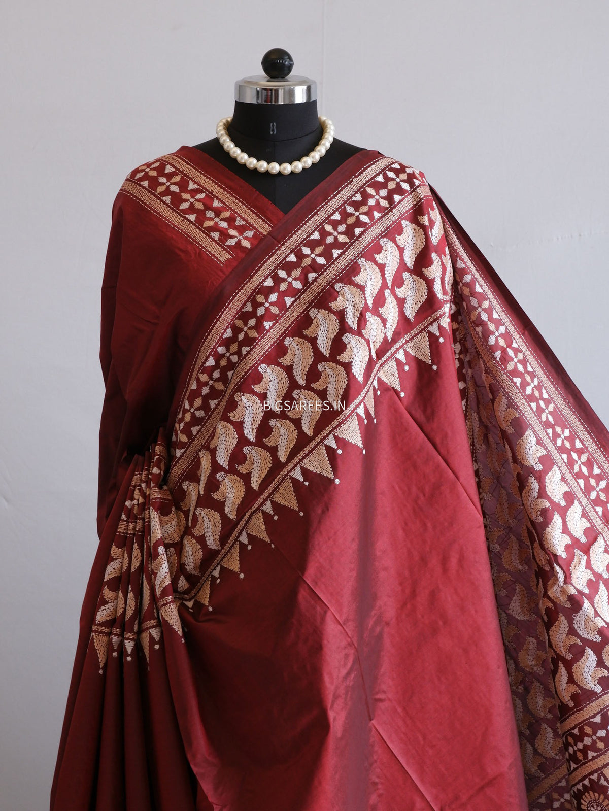 Kantha - Stitch Hand Embroidered Saree | Pure Bangalore Silk | Silk Mark Certified | Maroon