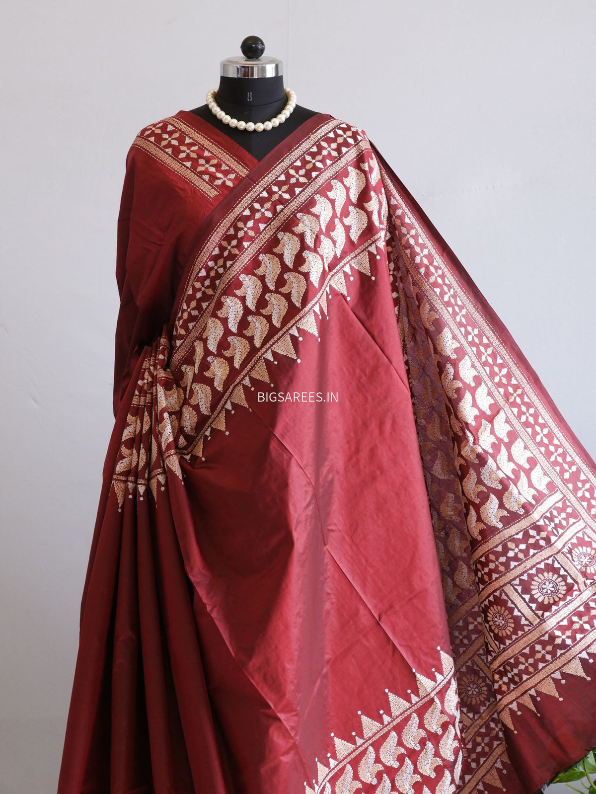 Kantha - Stitch Hand Embroidered Saree | Pure Bangalore Silk | Silk Mark Certified | Maroon