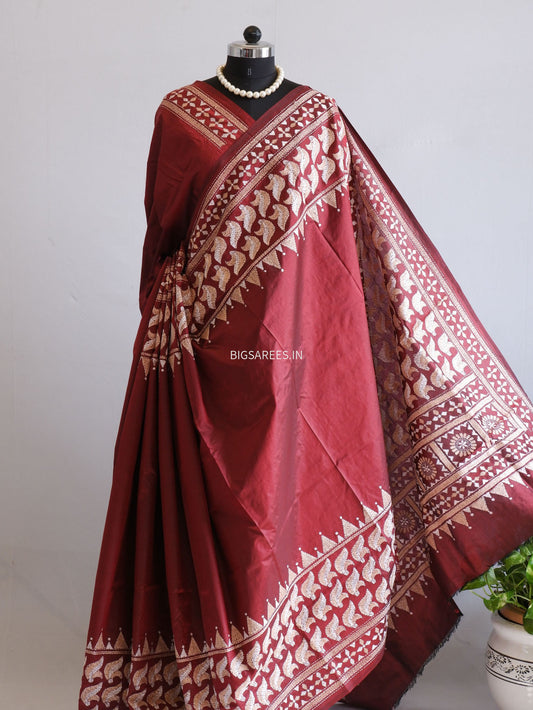 Kantha - Stitch Hand Embroidered Saree | Pure Bangalore Silk | Silk Mark Certified | Maroon