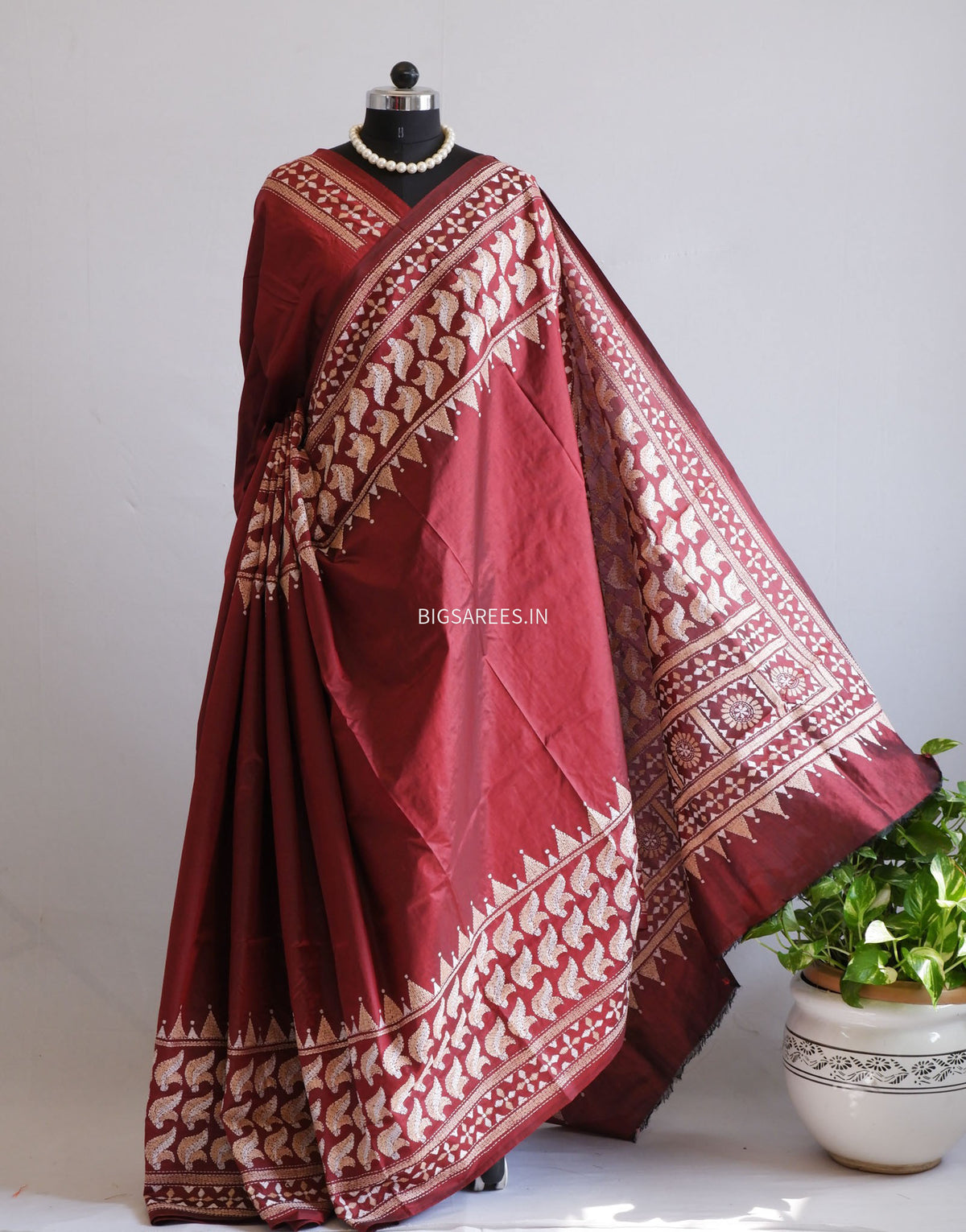 Kantha - Stitch Hand Embroidered Saree | Pure Bangalore Silk | Silk Mark Certified | Maroon
