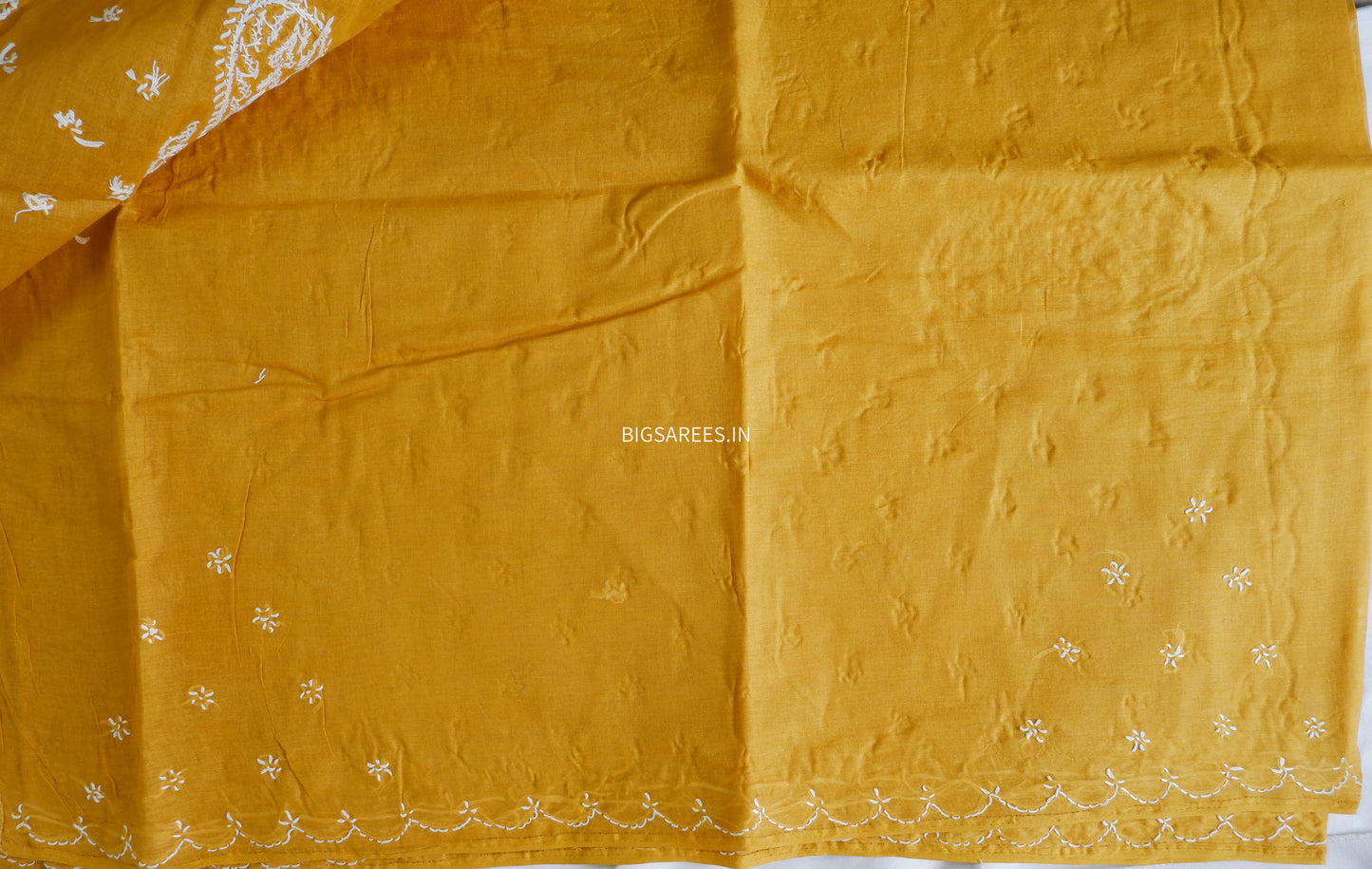 Chikankari Hand-Embroidered Saree | Cotton | Mustard