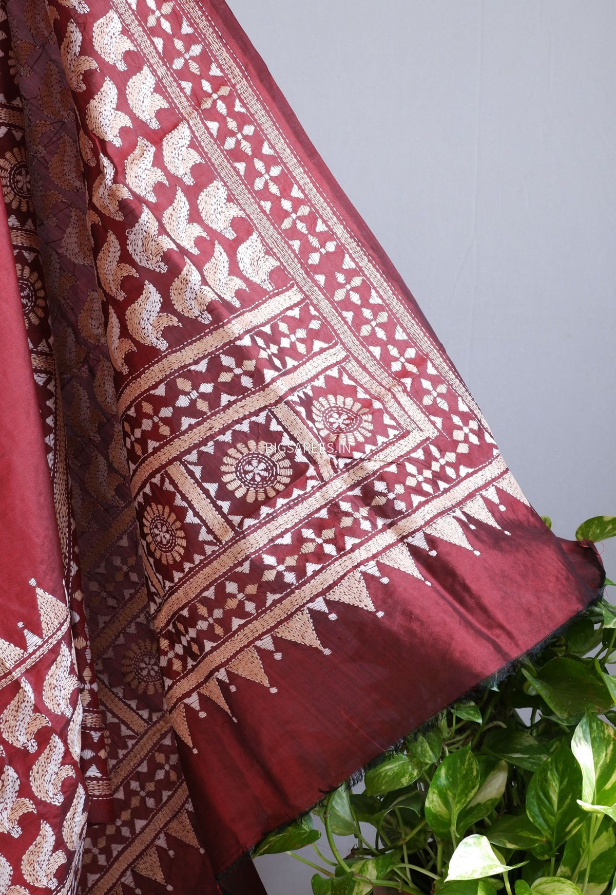 Kantha - Stitch Hand Embroidered Saree | Pure Bangalore Silk | Silk Mark Certified | Maroon
