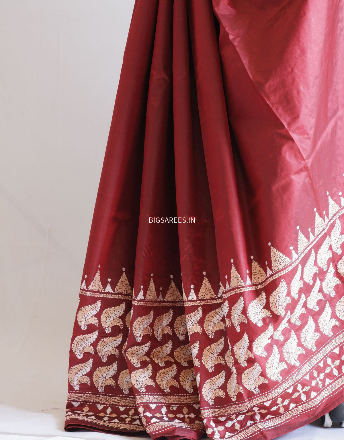 Kantha - Stitch Hand Embroidered Saree | Pure Bangalore Silk | Silk Mark Certified | Maroon