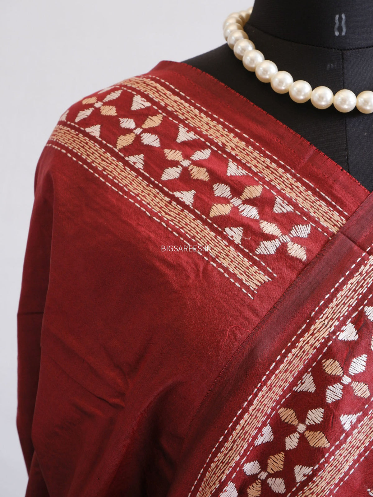 Kantha - Stitch Hand Embroidered Saree | Pure Bangalore Silk | Silk Mark Certified | Maroon