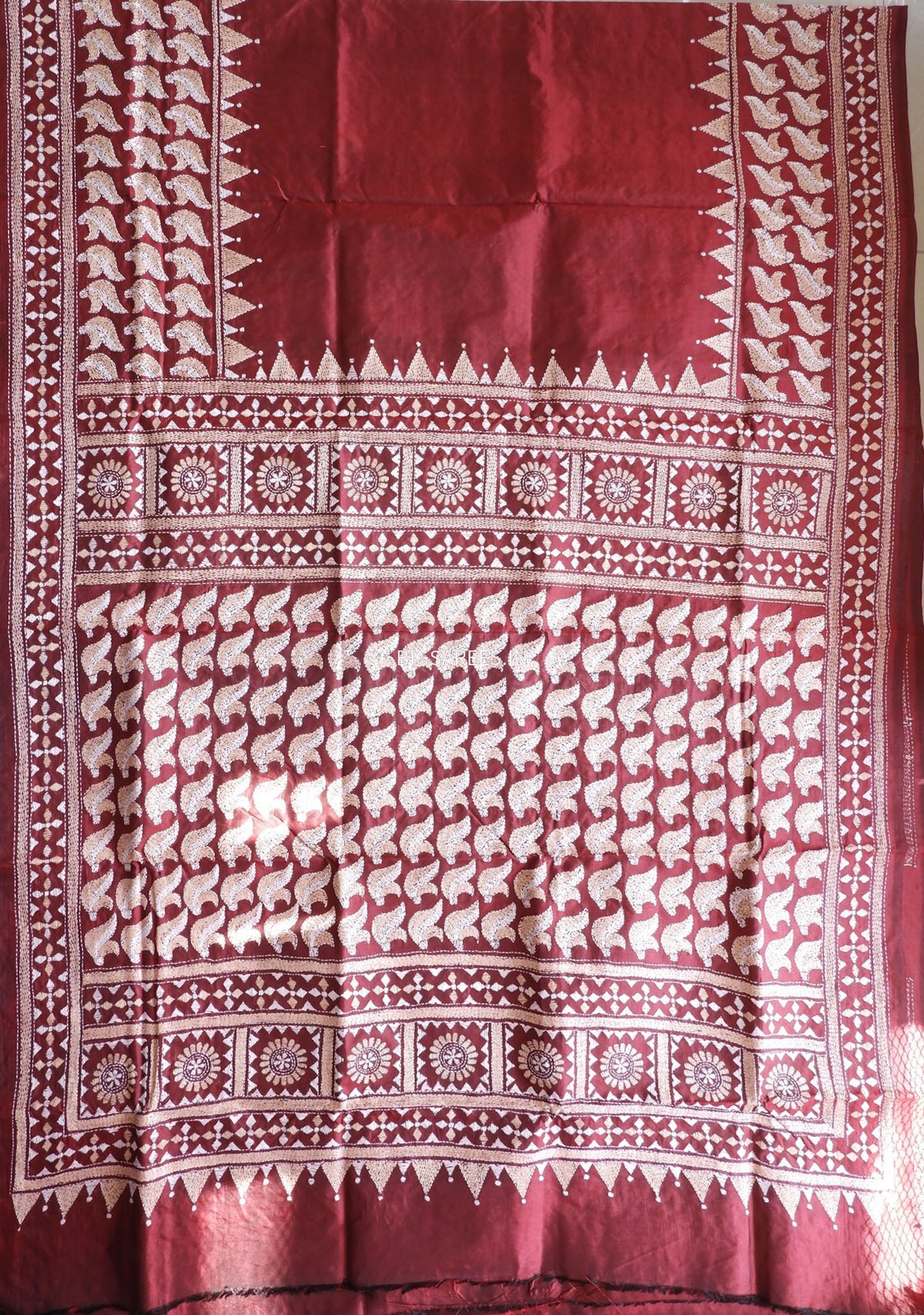 Kantha - Stitch Hand Embroidered Saree | Pure Bangalore Silk | Silk Mark Certified | Maroon