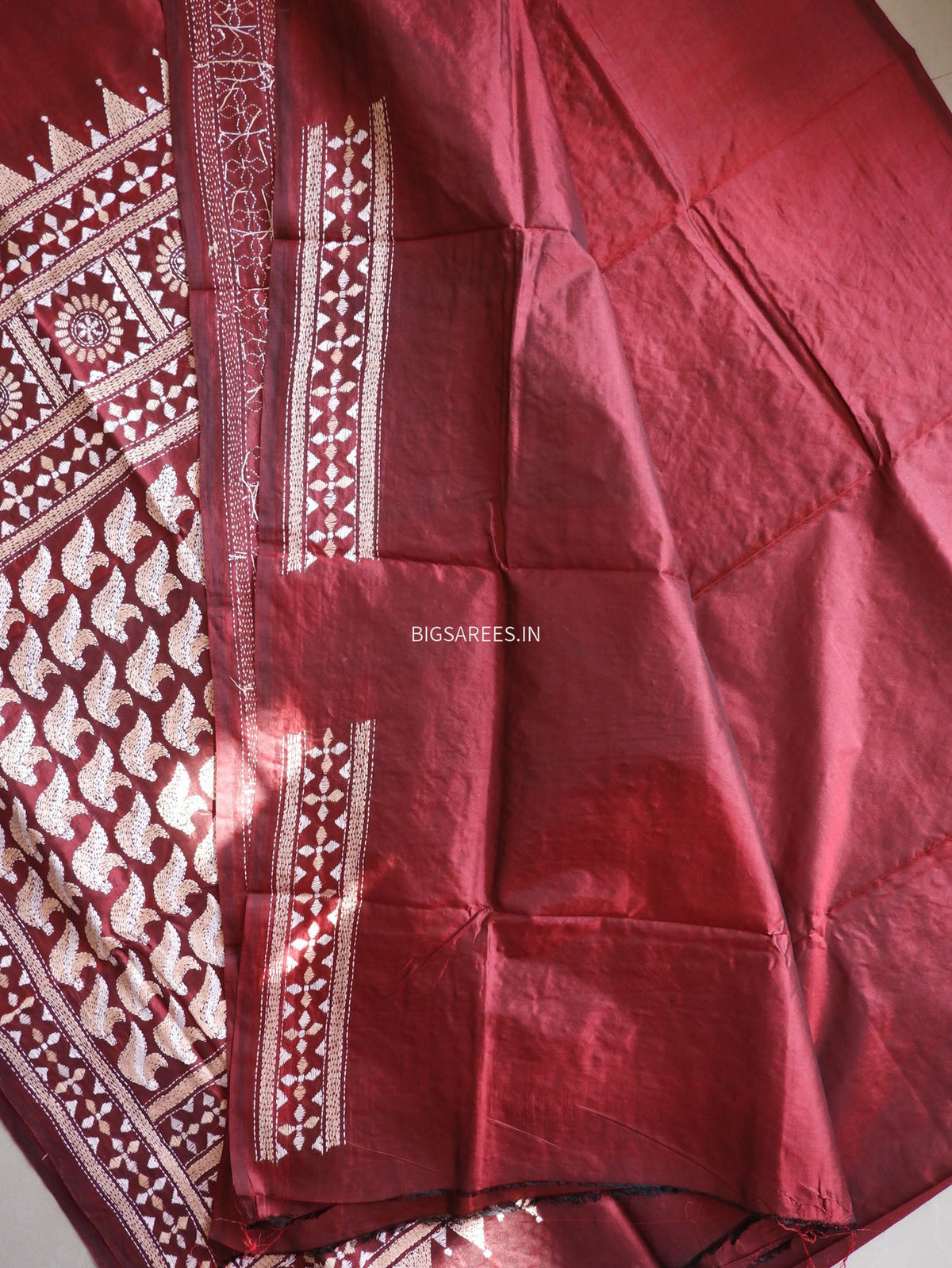 Kantha - Stitch Hand Embroidered Saree | Pure Bangalore Silk | Silk Mark Certified | Maroon