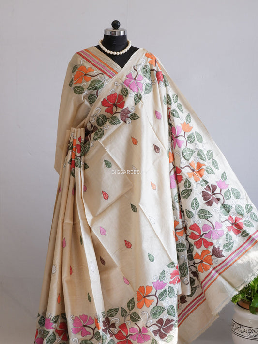 Kantha Stitch Hand Embroidered Saree | Pure Tussar Silk | Silk Mark Certified | Beige
