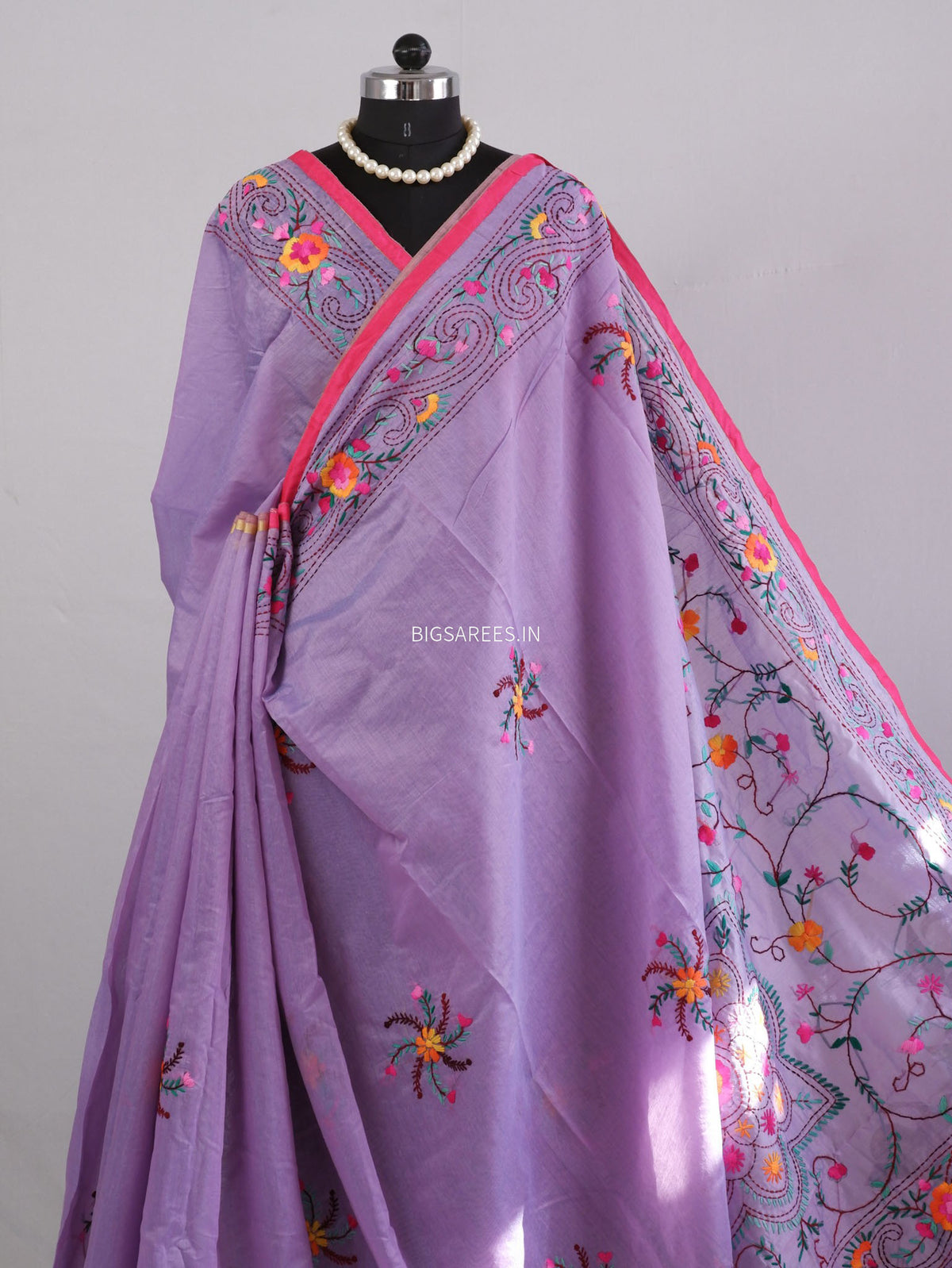 Phulkari Hand-Embroidered Saree | Chanderi Silk | Lilac