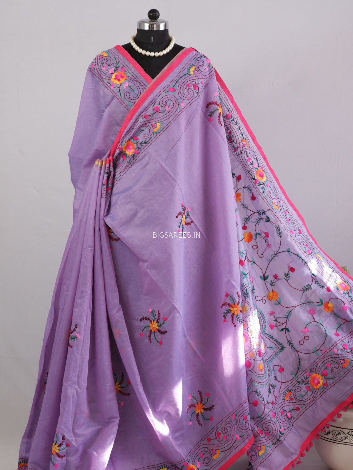 Phulkari Hand-Embroidered Saree | Chanderi Silk | Lilac