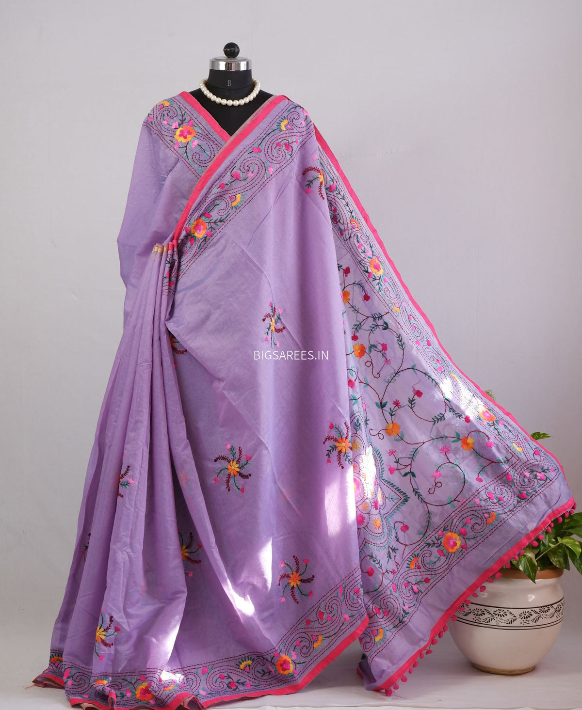 Phulkari Hand-Embroidered Saree | Chanderi Silk | Lilac