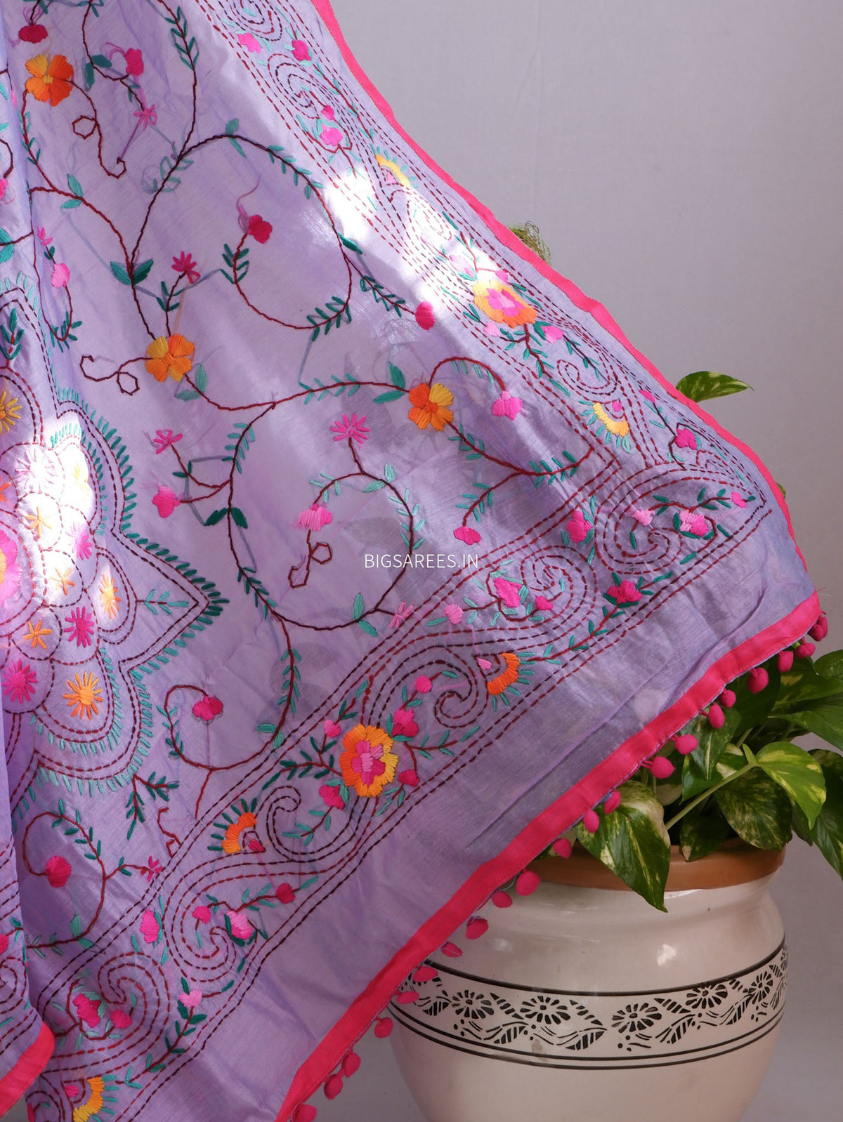 Phulkari Hand-Embroidered Saree | Chanderi Silk | Lilac