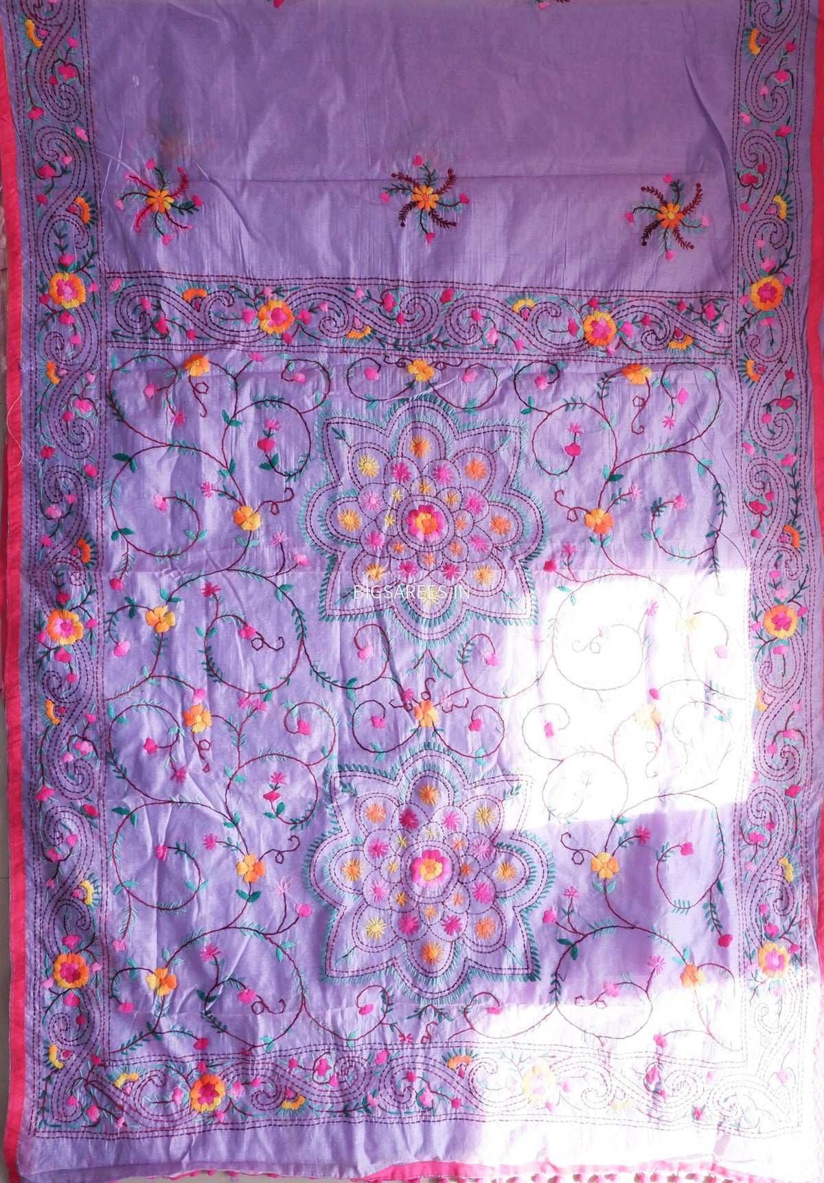 Phulkari Hand-Embroidered Saree | Chanderi Silk | Lilac