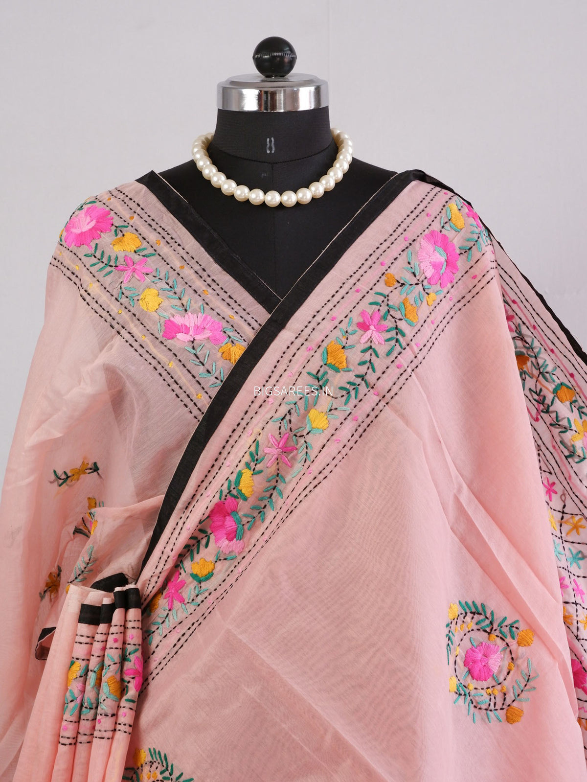 Phulkari Hand-Embroidered Saree | Chanderi Silk | Light Pink