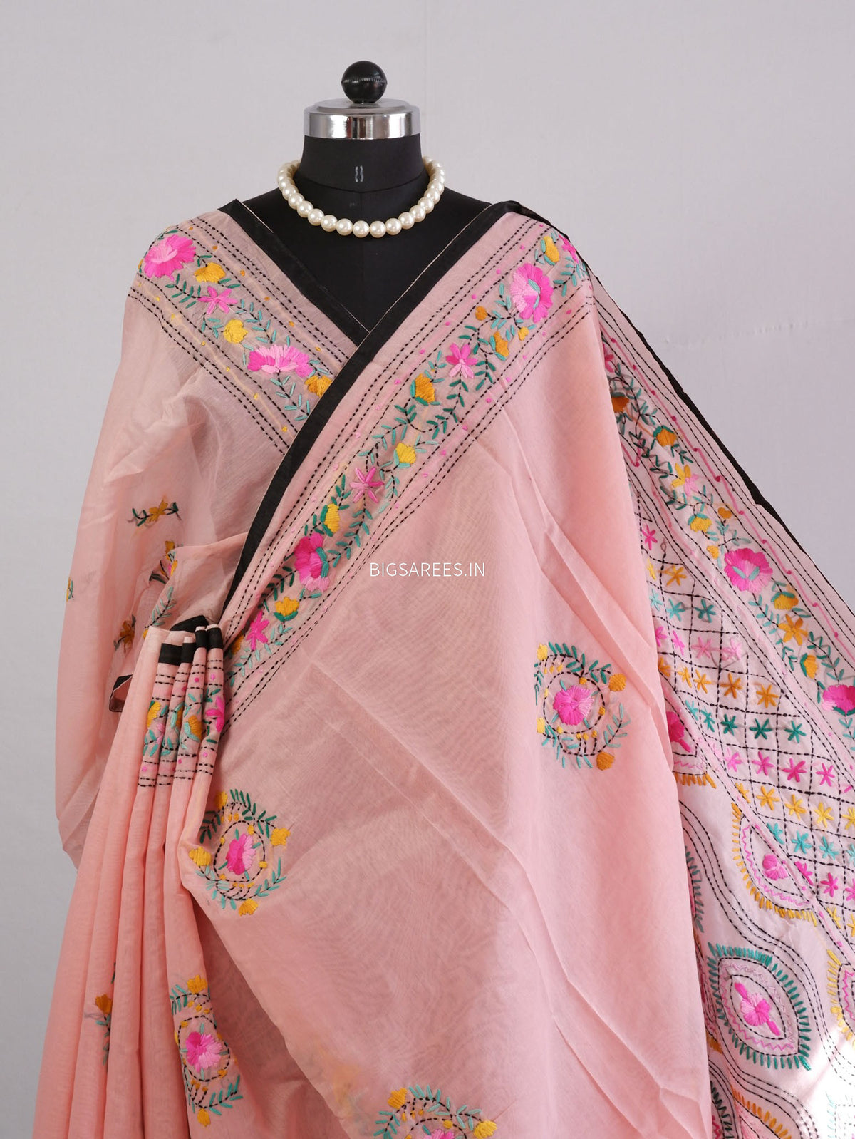 Phulkari Hand-Embroidered Saree | Chanderi Silk | Light Pink