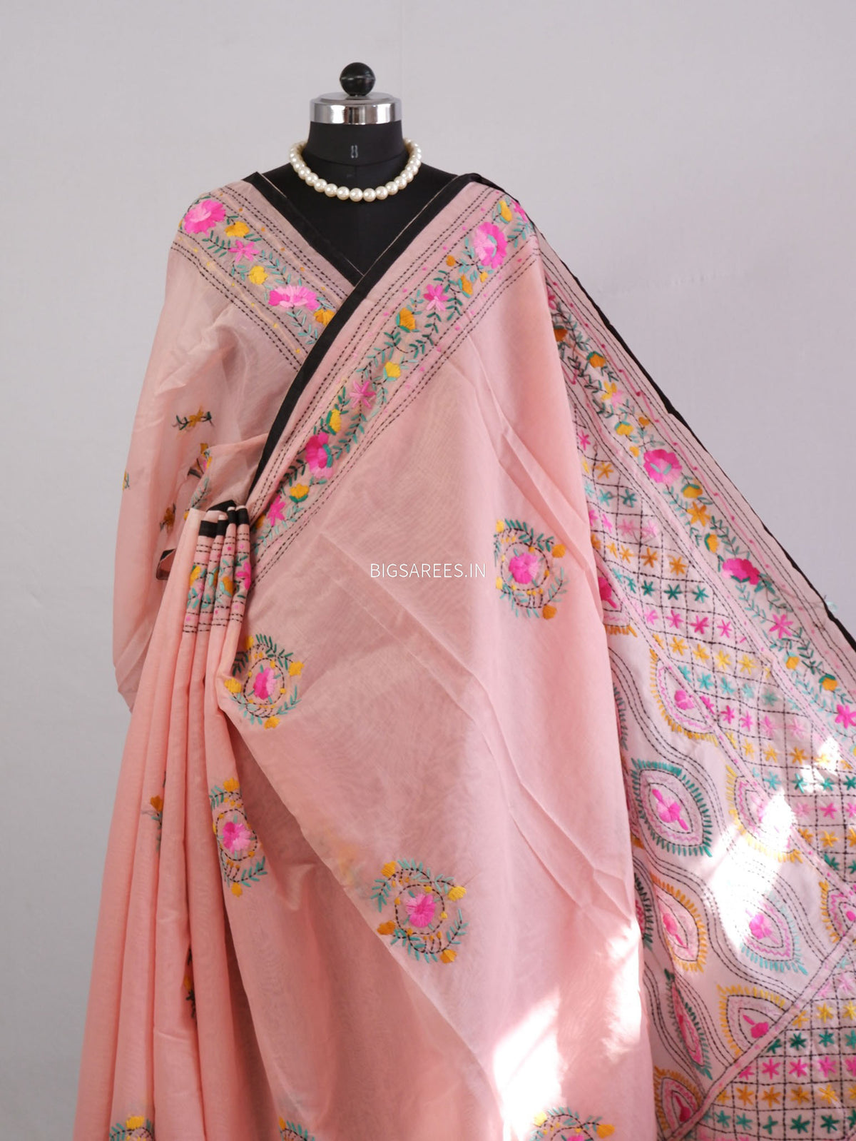 Phulkari Hand-Embroidered Saree | Chanderi Silk | Light Pink