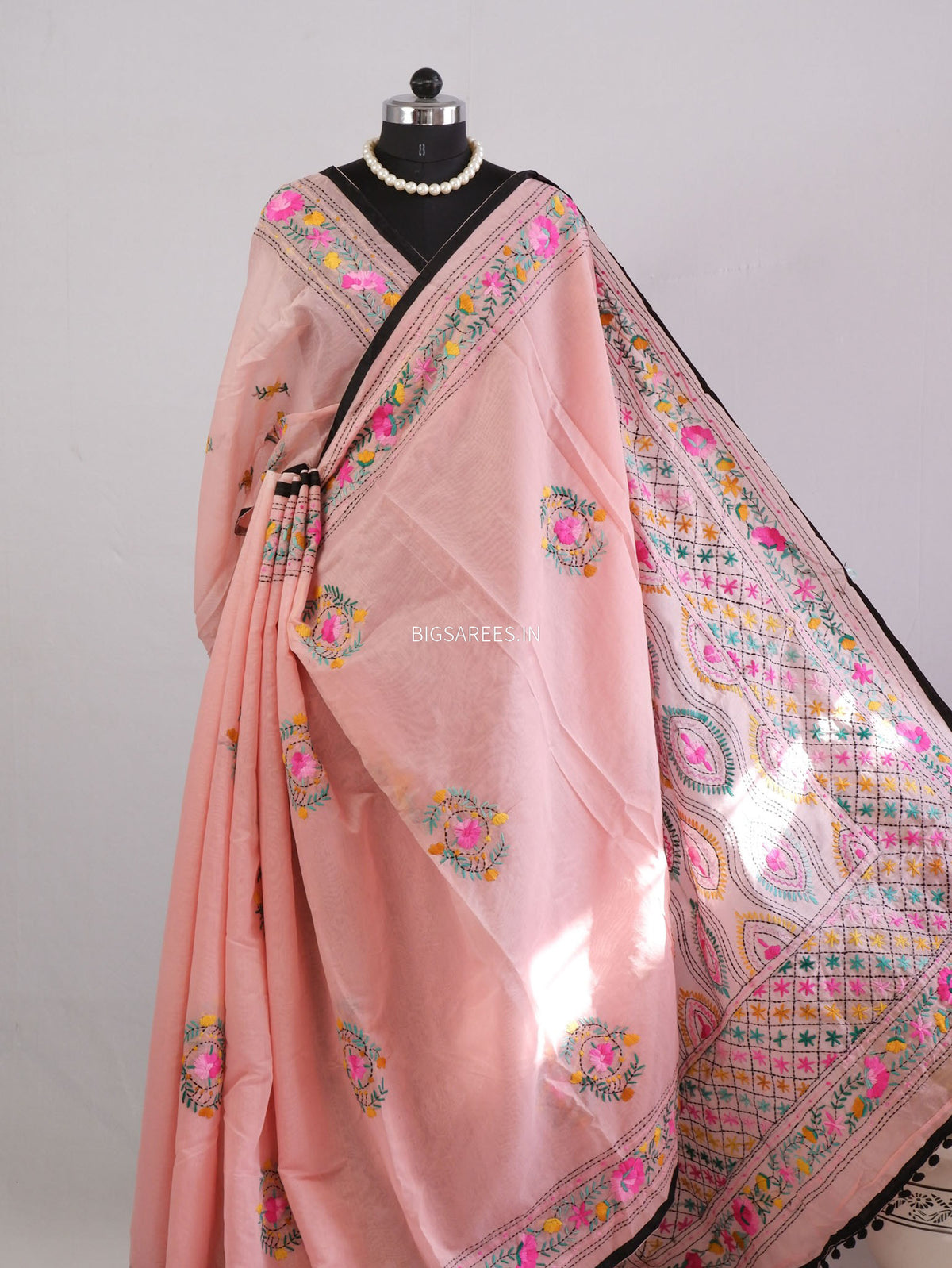 Phulkari Hand-Embroidered Saree | Chanderi Silk | Light Pink