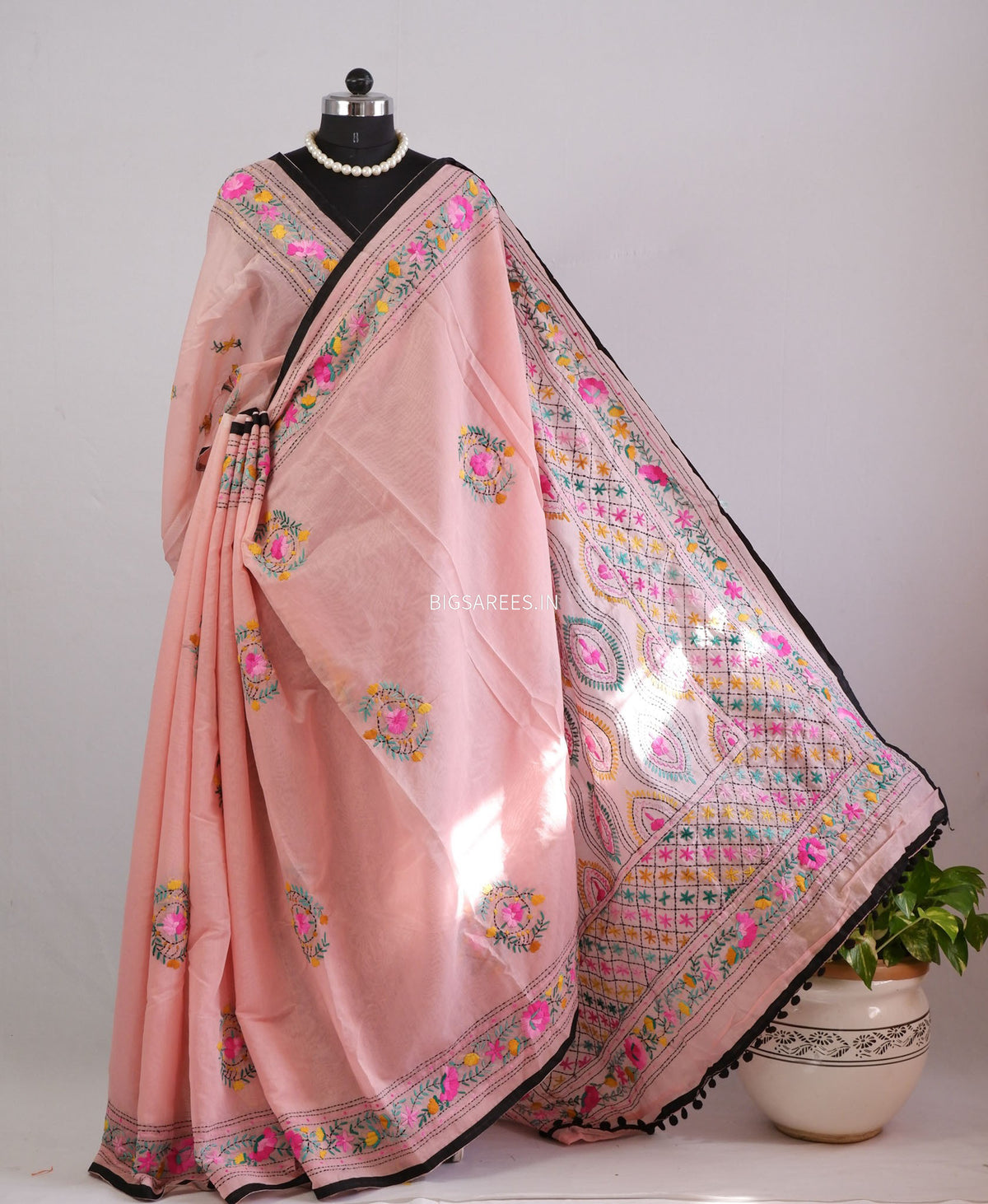 Phulkari Hand-Embroidered Saree | Chanderi Silk | Light Pink
