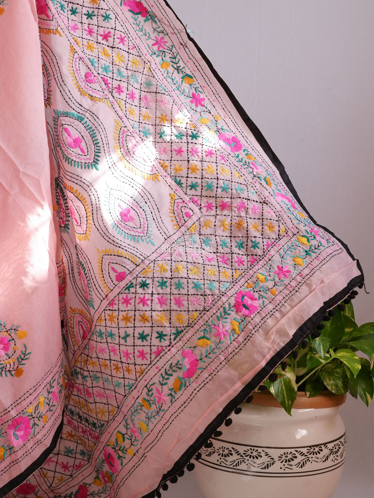 Phulkari Hand-Embroidered Saree | Chanderi Silk | Light Pink