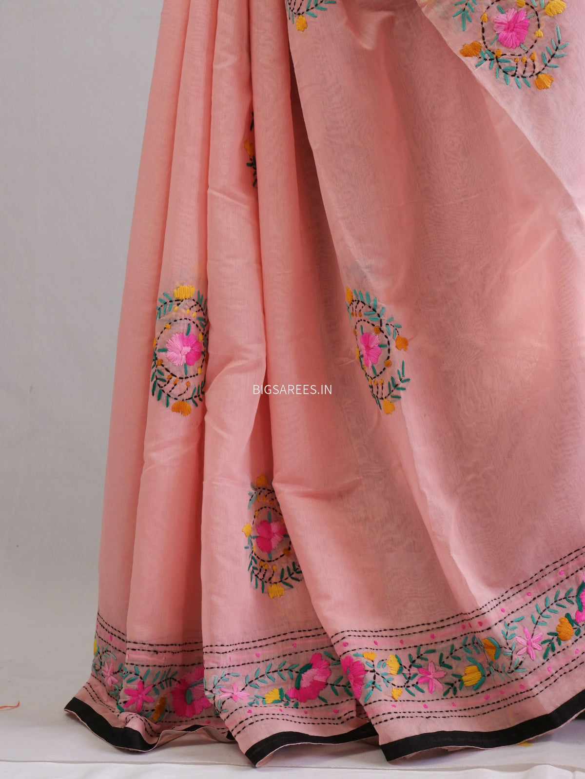 Phulkari Hand-Embroidered Saree | Chanderi Silk | Light Pink