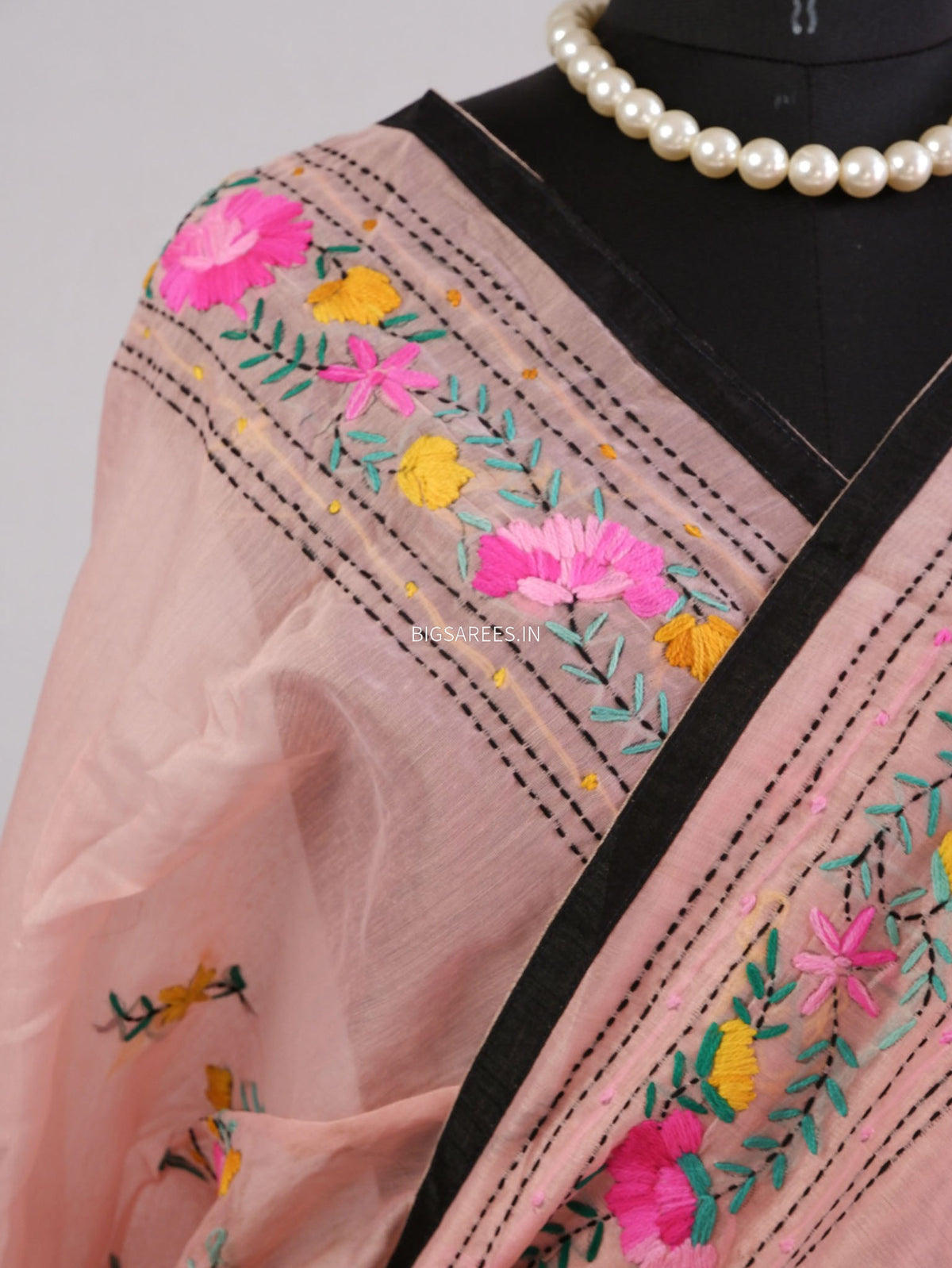 Phulkari Hand-Embroidered Saree | Chanderi Silk | Light Pink