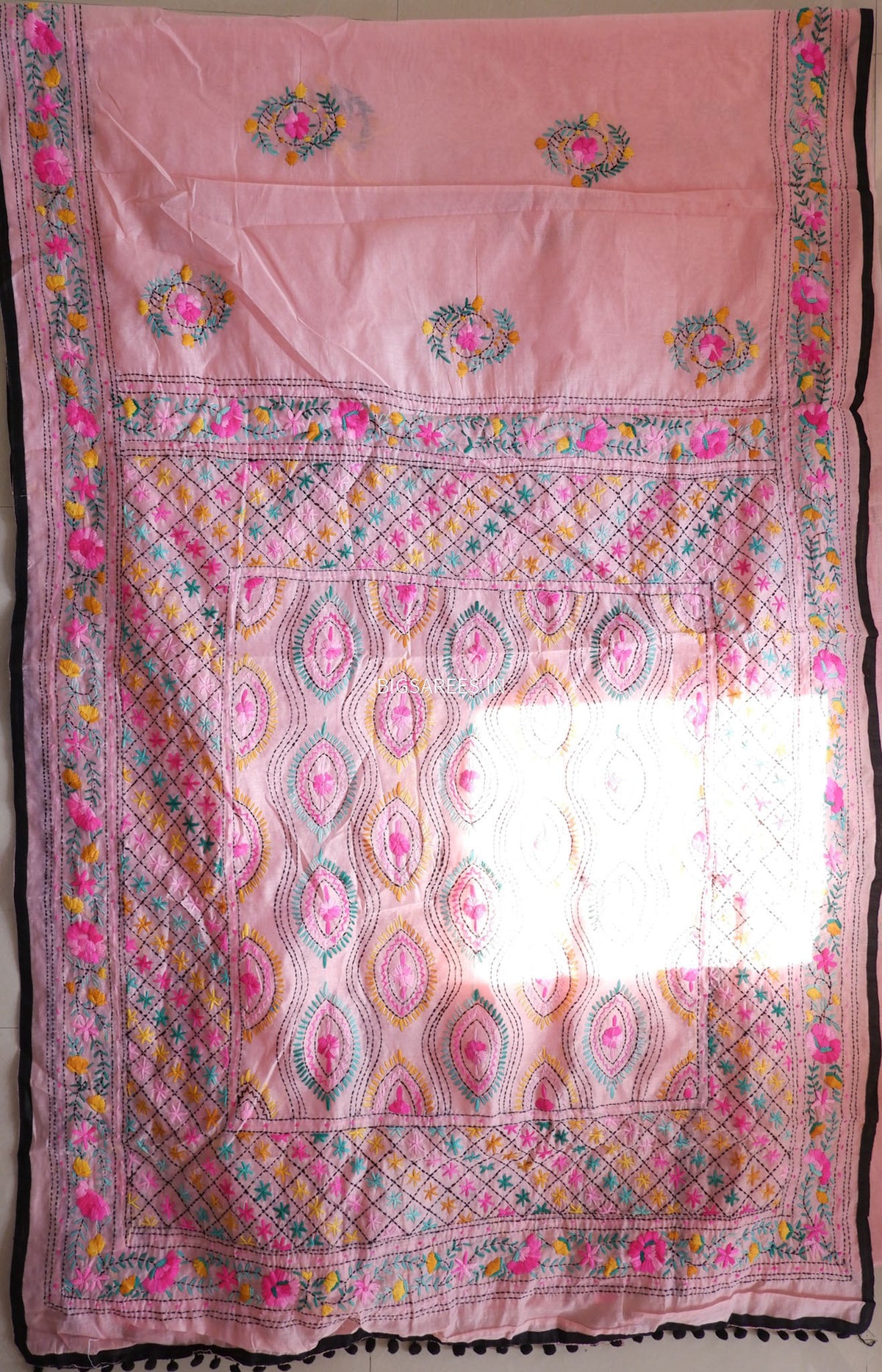 Phulkari Hand-Embroidered Saree | Chanderi Silk | Light Pink
