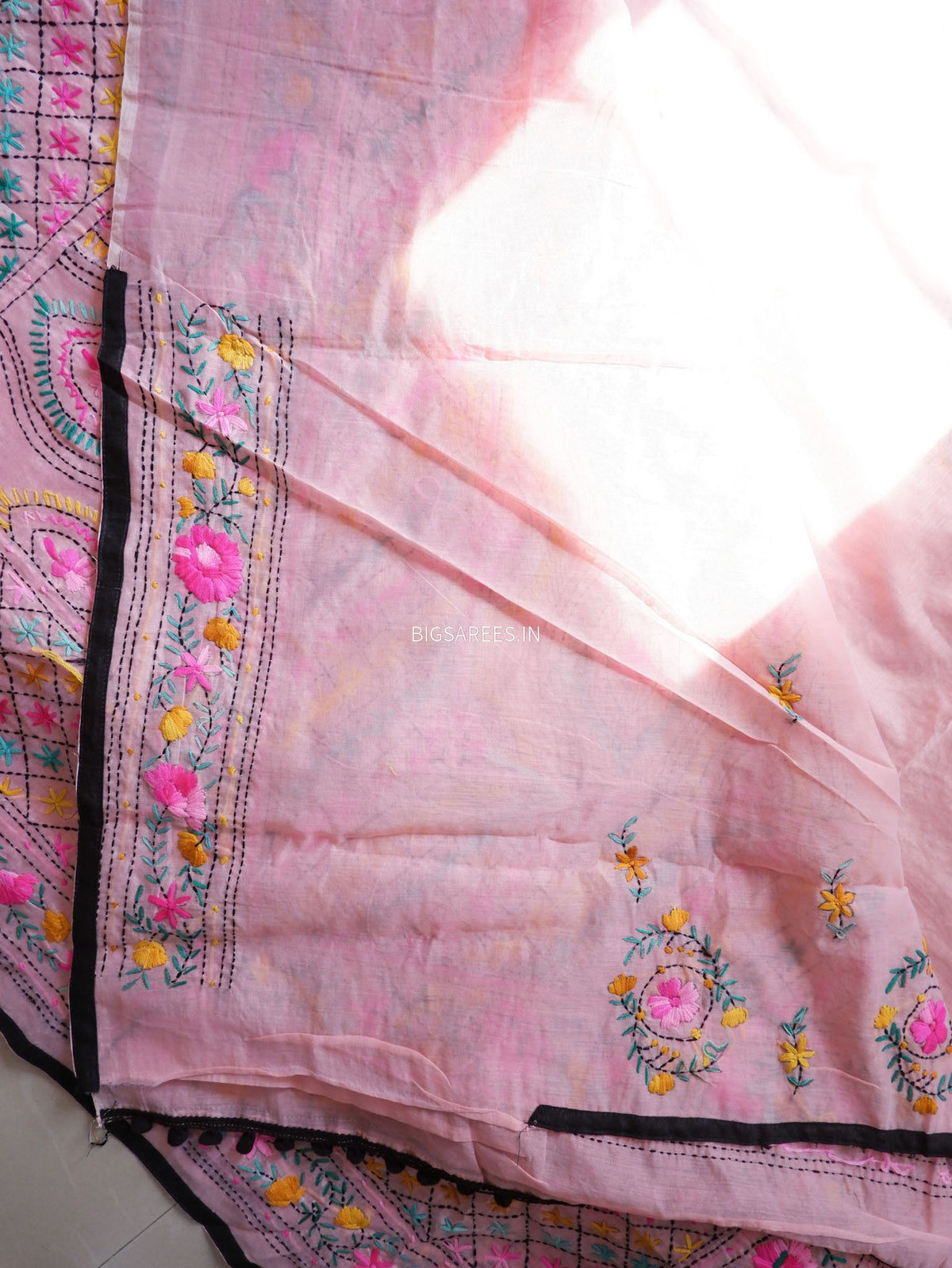 Phulkari Hand-Embroidered Saree | Chanderi Silk | Light Pink