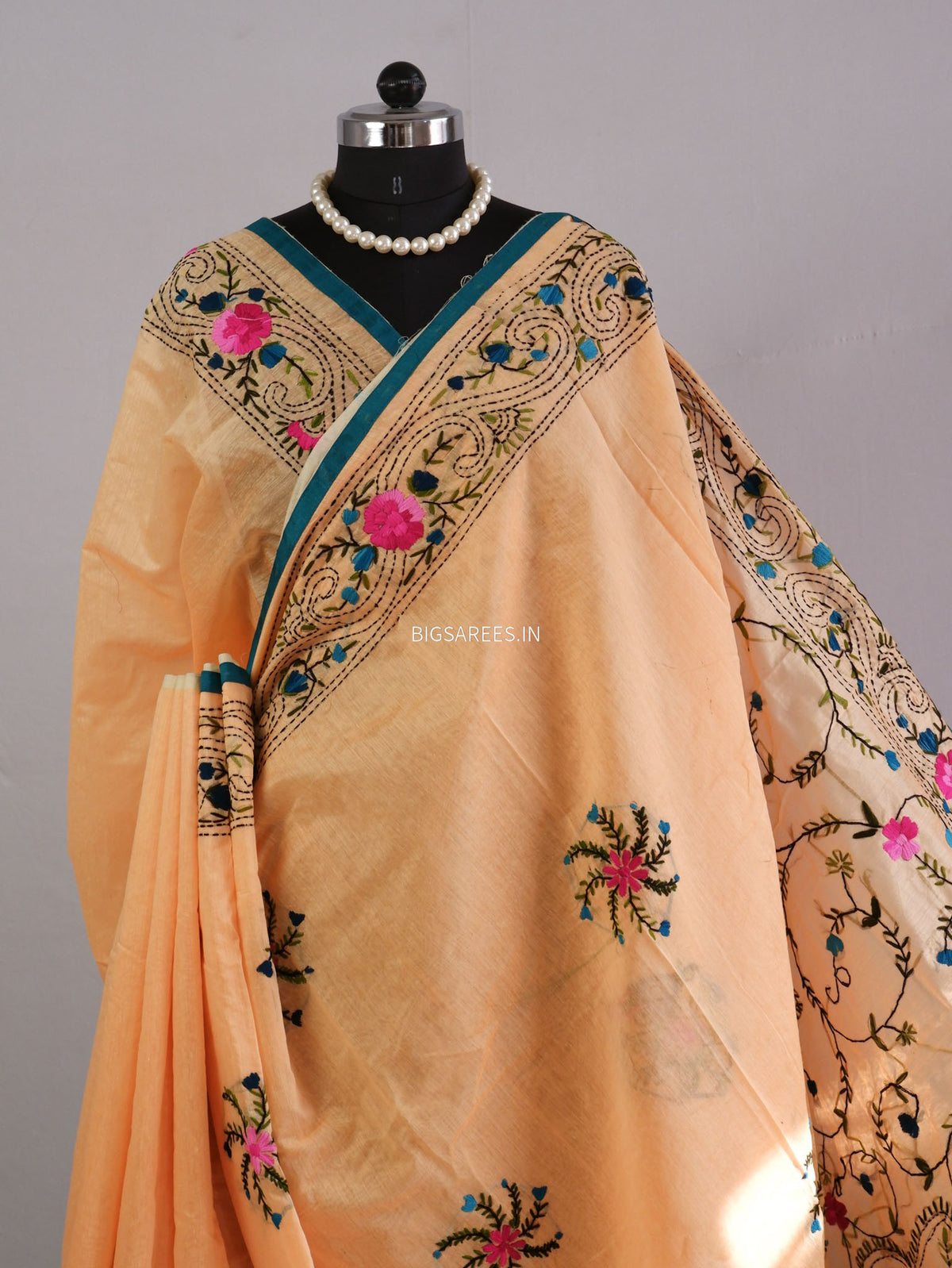 Phulkari Hand-Embroidered Saree | Chanderi Silk | Yellow Orange