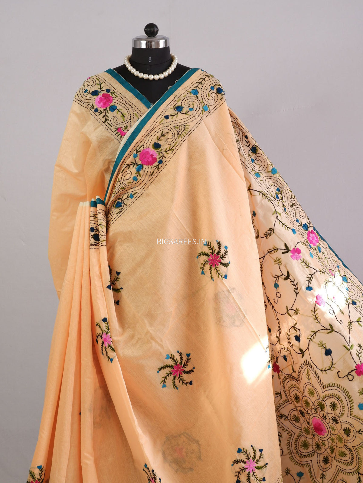 Phulkari Hand-Embroidered Saree | Chanderi Silk | Yellow Orange