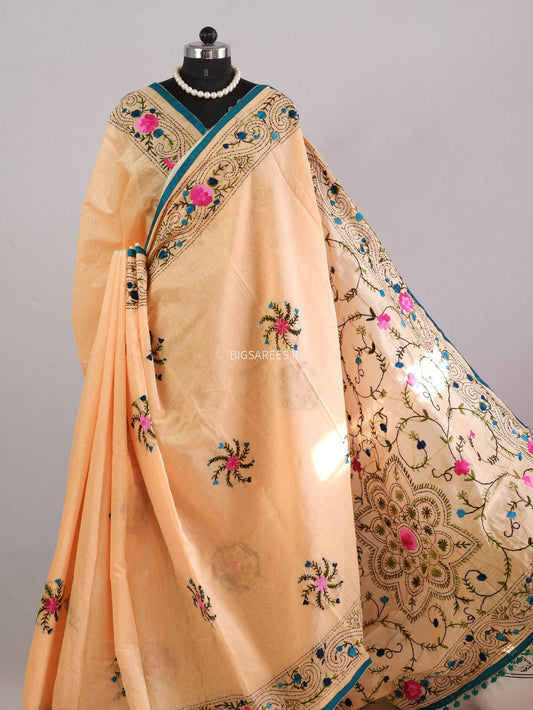 Phulkari Hand-Embroidered Saree | Chanderi Silk | Yellow Orange