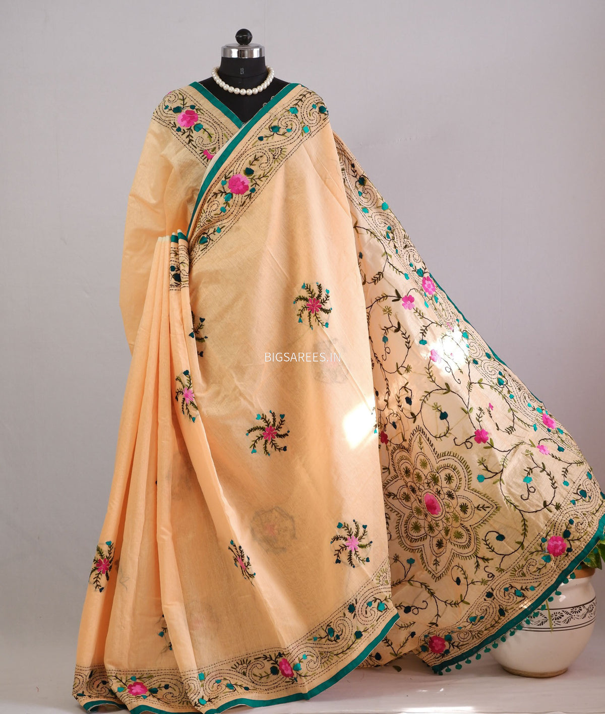 Phulkari Hand-Embroidered Saree | Chanderi Silk | Yellow Orange
