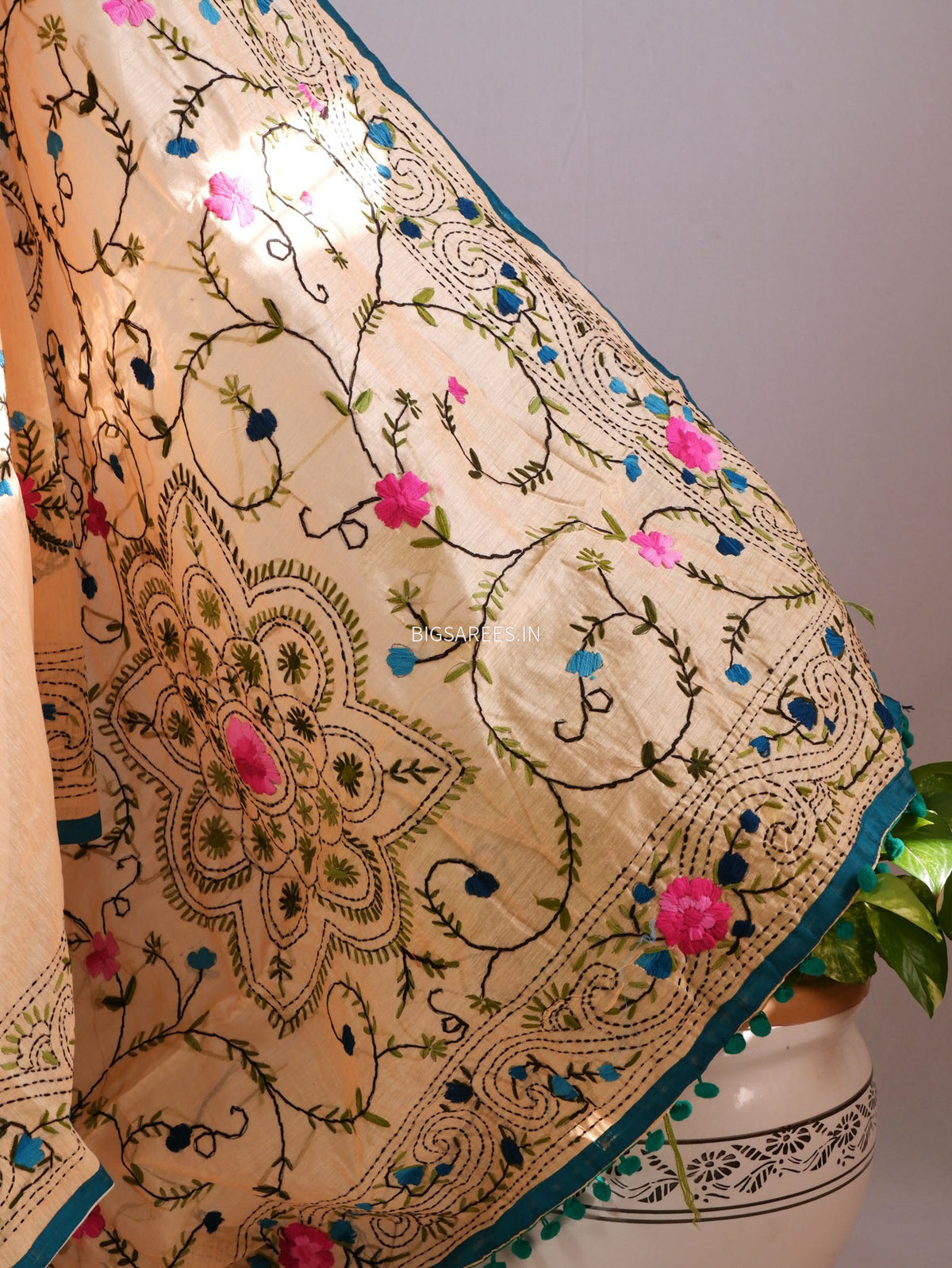 Phulkari Hand-Embroidered Saree | Chanderi Silk | Yellow Orange