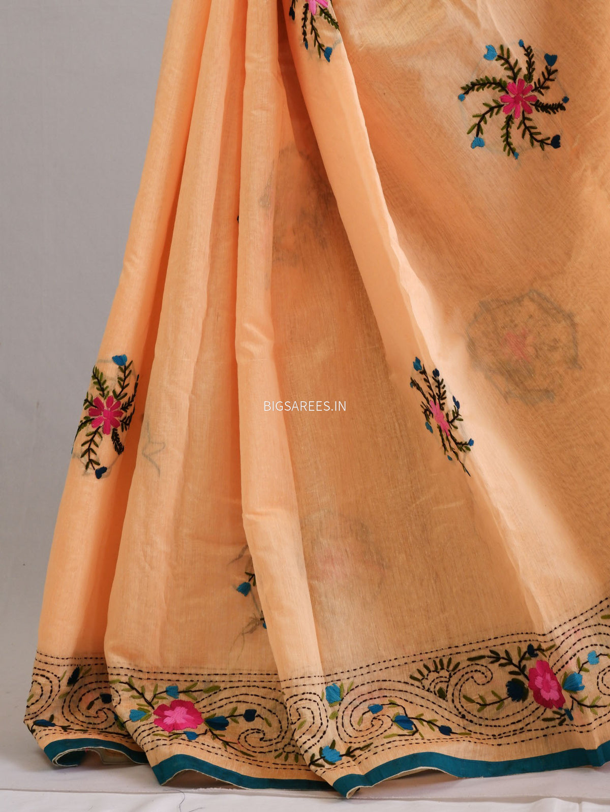Phulkari Hand-Embroidered Saree | Chanderi Silk | Yellow Orange