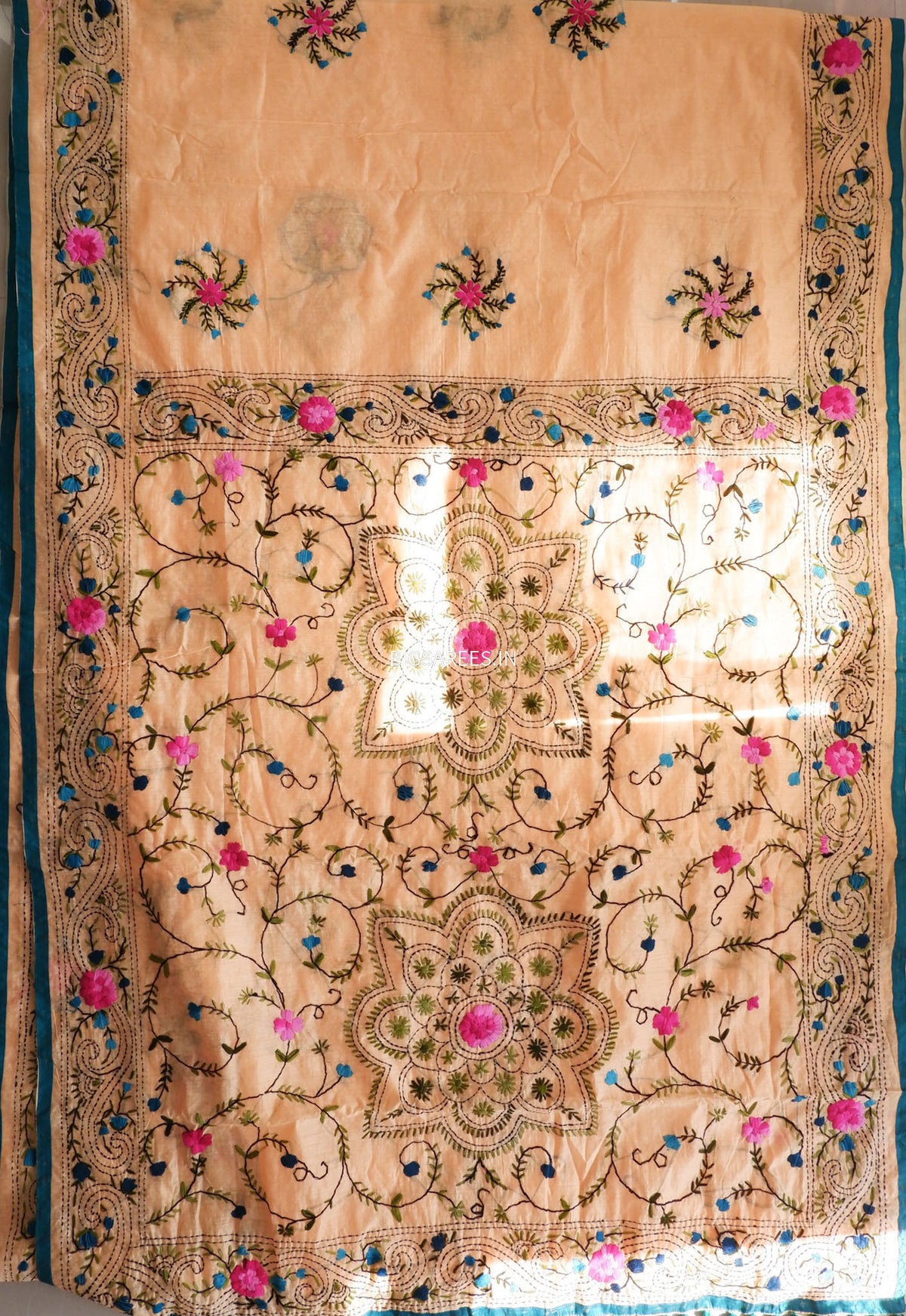 Phulkari Hand-Embroidered Saree | Chanderi Silk | Yellow Orange