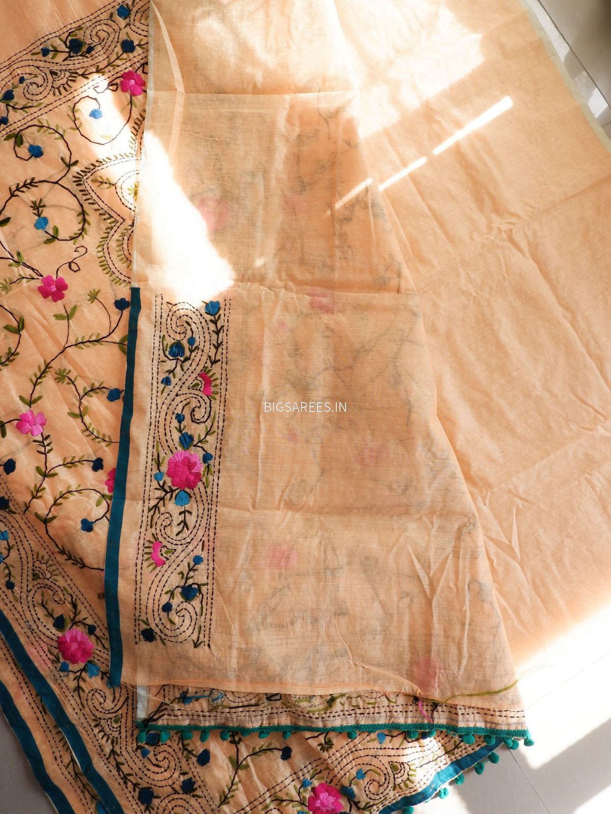 Phulkari Hand-Embroidered Saree | Chanderi Silk | Yellow Orange