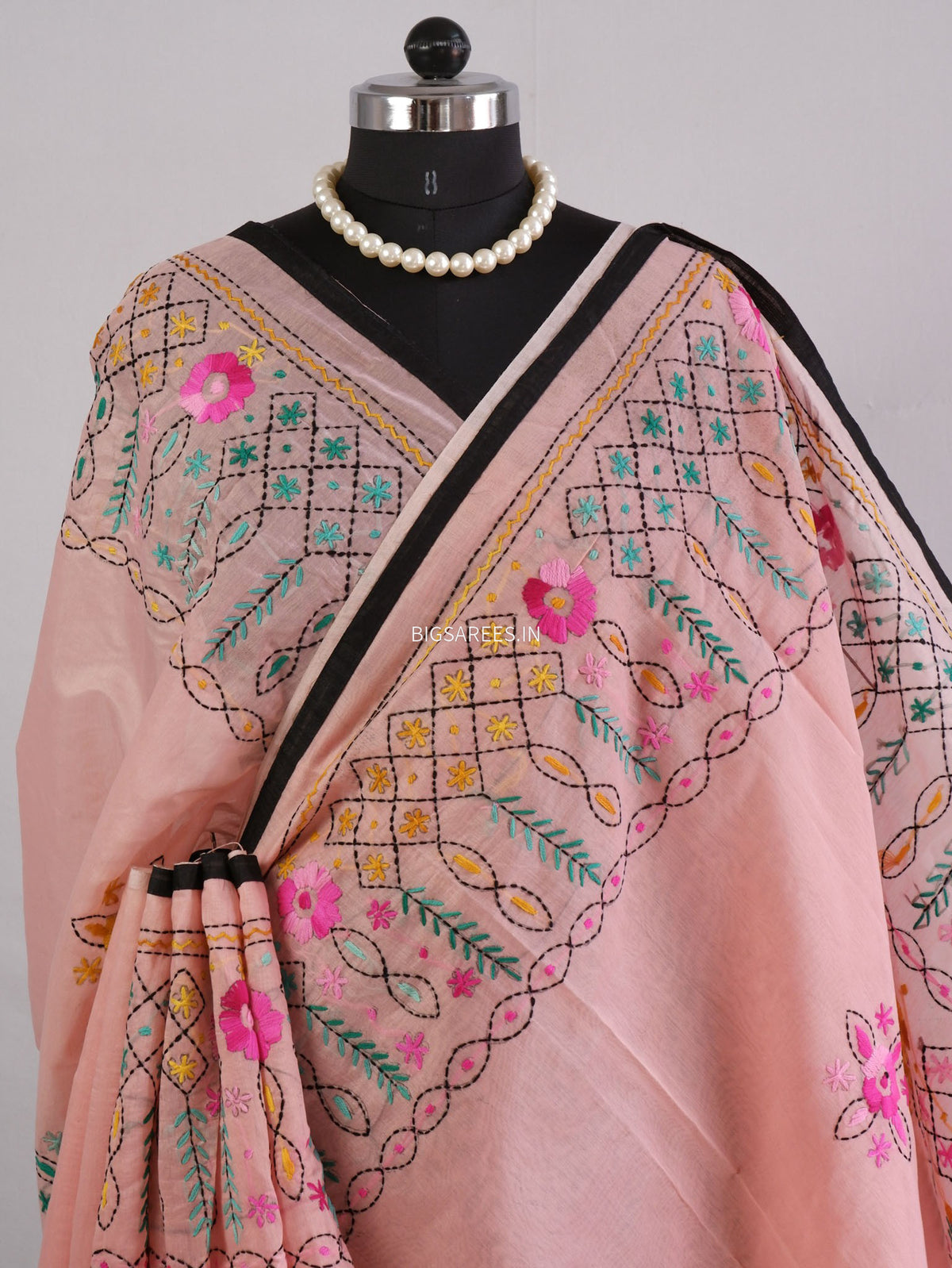 Phulkari Hand-Embroidered Saree | Chanderi Silk | Pastel Pink