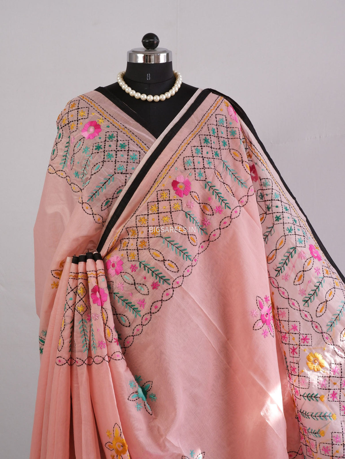 Phulkari Hand-Embroidered Saree | Chanderi Silk | Pastel Pink
