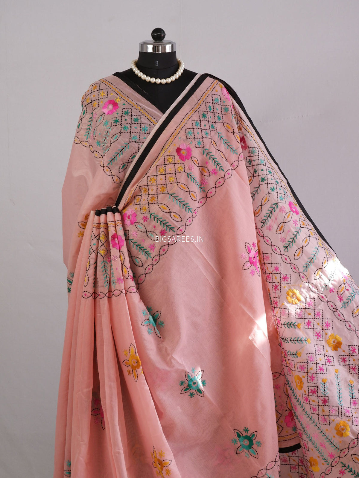 Phulkari Hand-Embroidered Saree | Chanderi Silk | Pastel Pink
