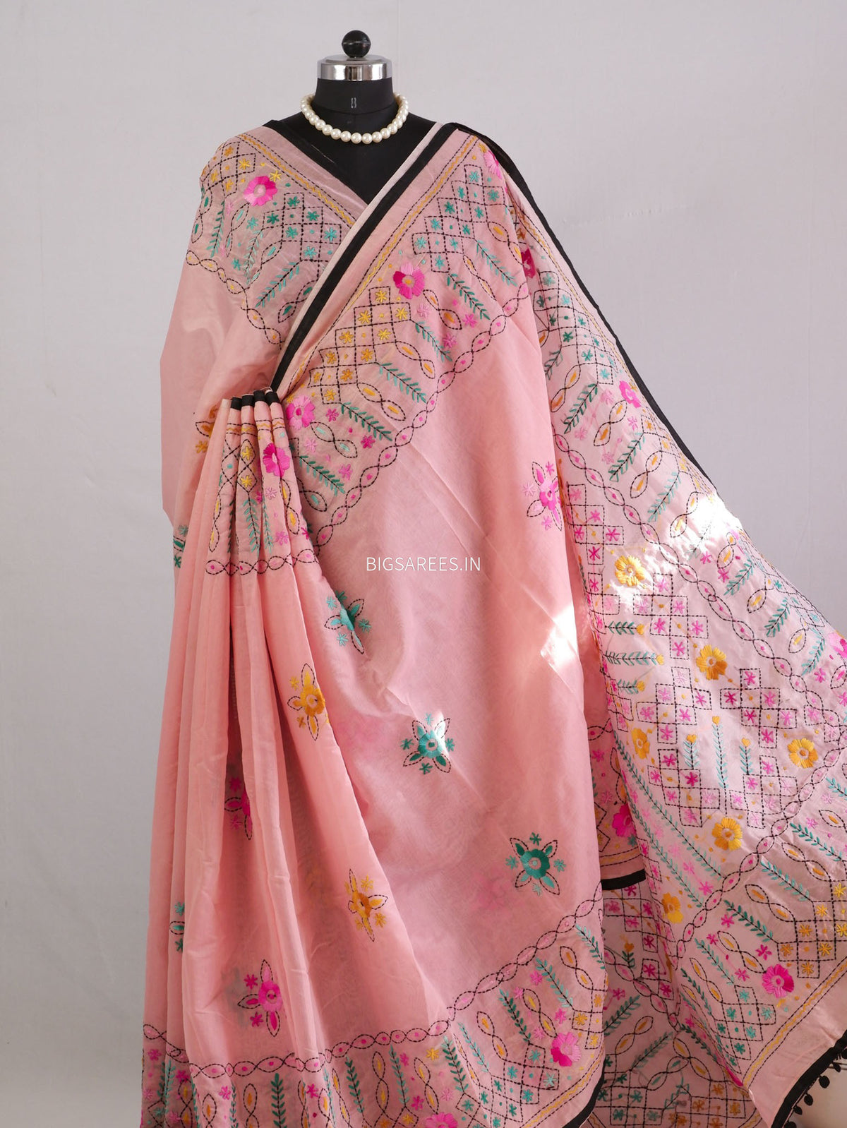 Phulkari Hand-Embroidered Saree | Chanderi Silk | Pastel Pink