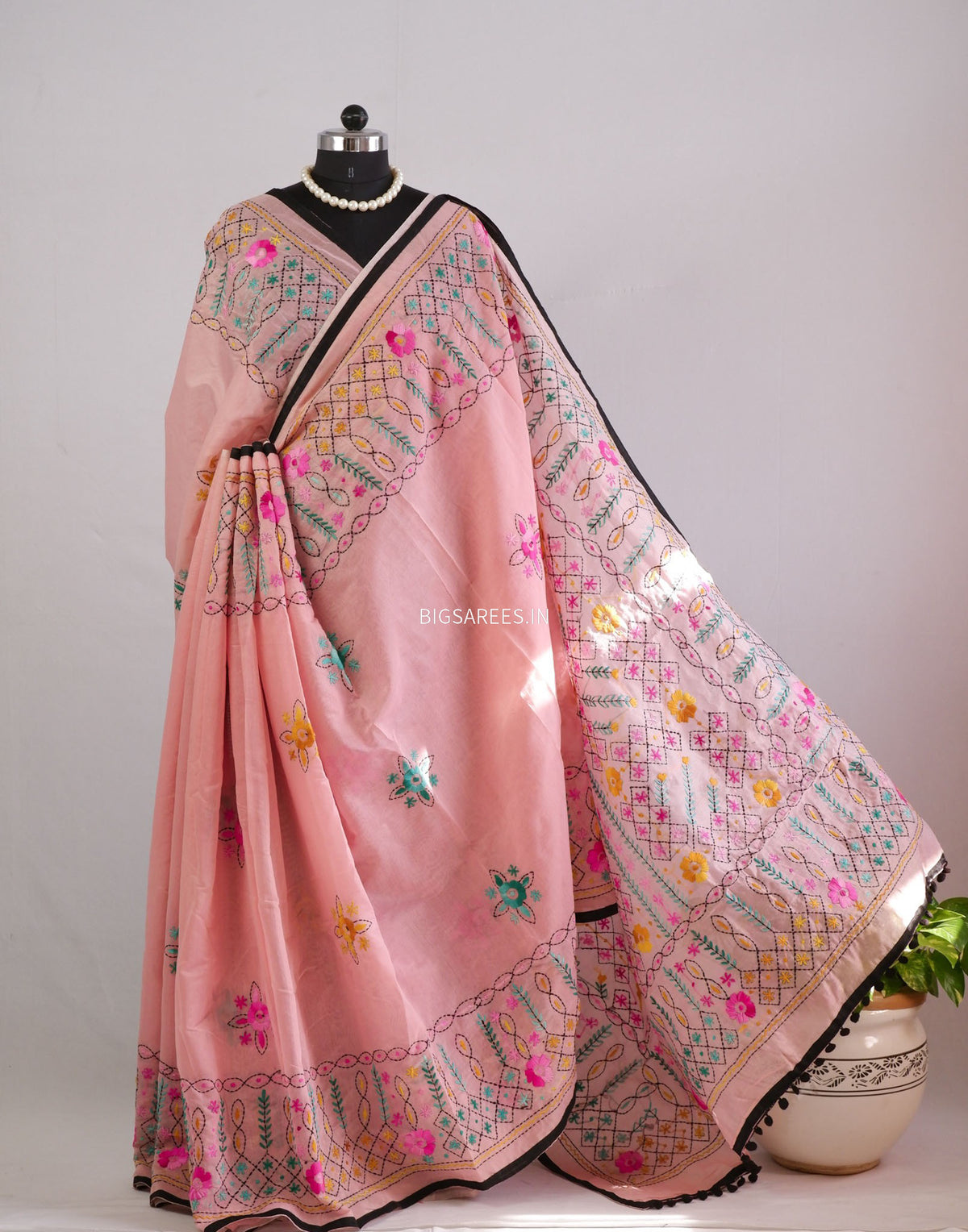 Phulkari Hand-Embroidered Saree | Chanderi Silk | Pastel Pink