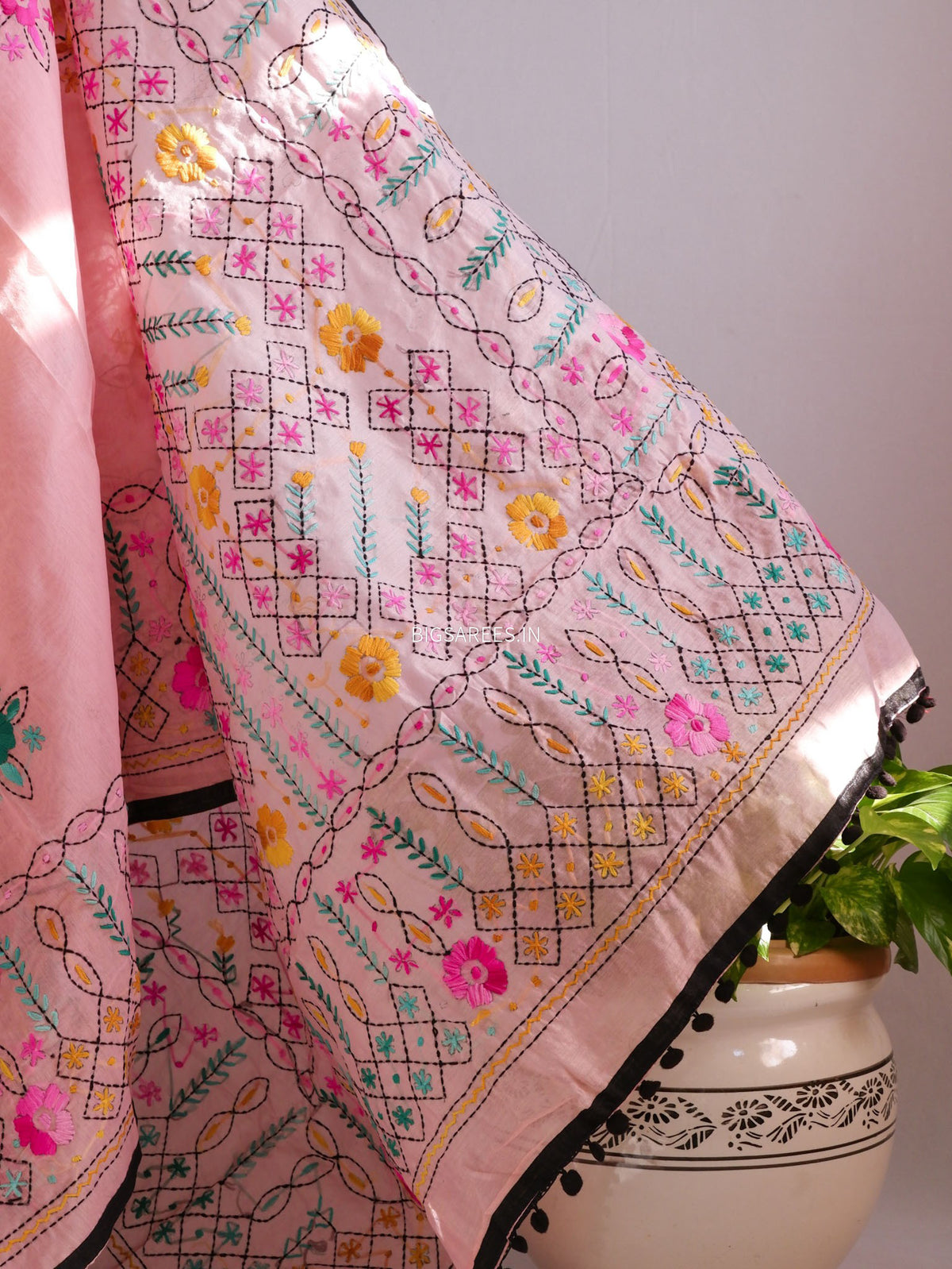 Phulkari Hand-Embroidered Saree | Chanderi Silk | Pastel Pink