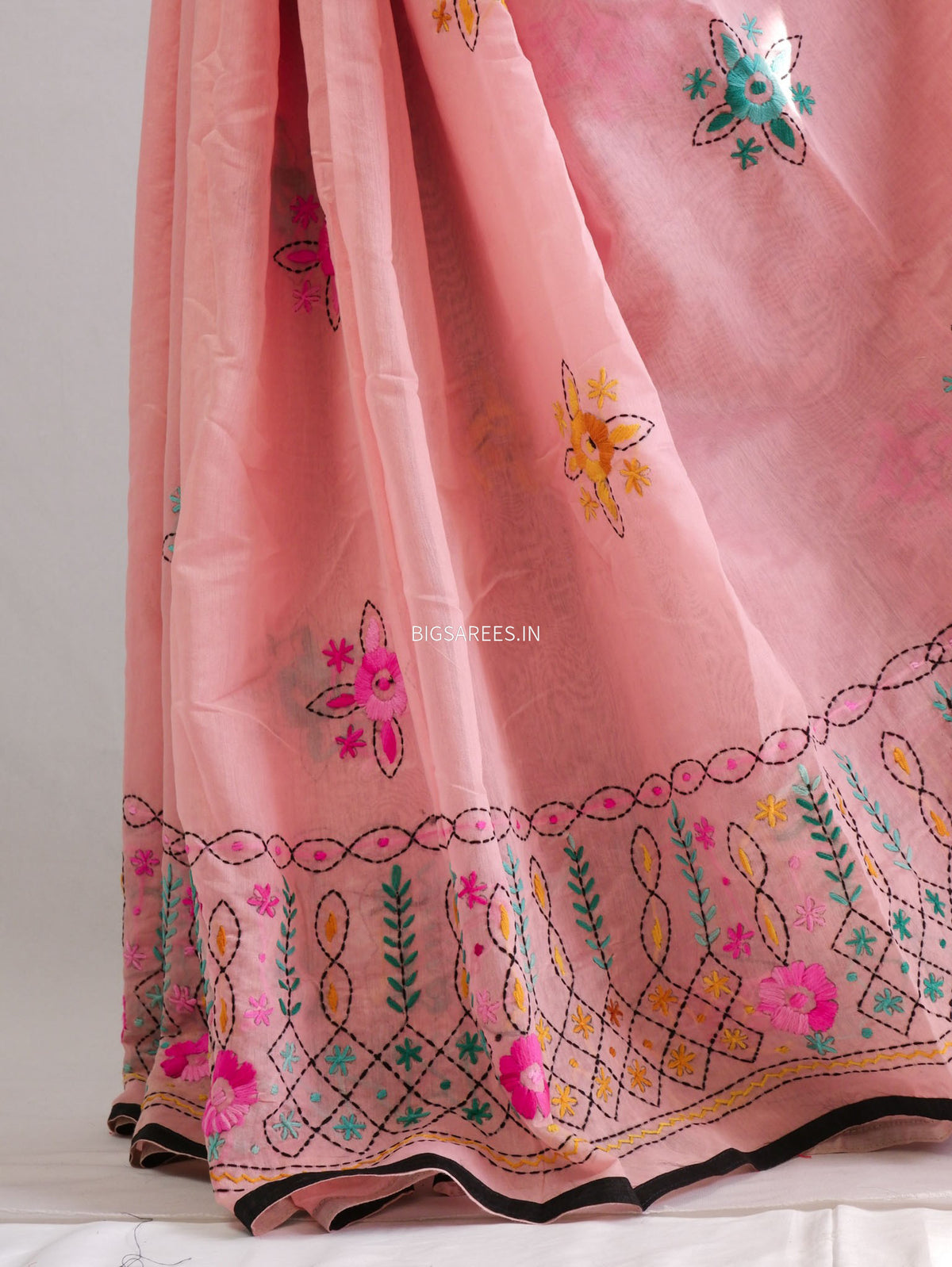 Phulkari Hand-Embroidered Saree | Chanderi Silk | Pastel Pink