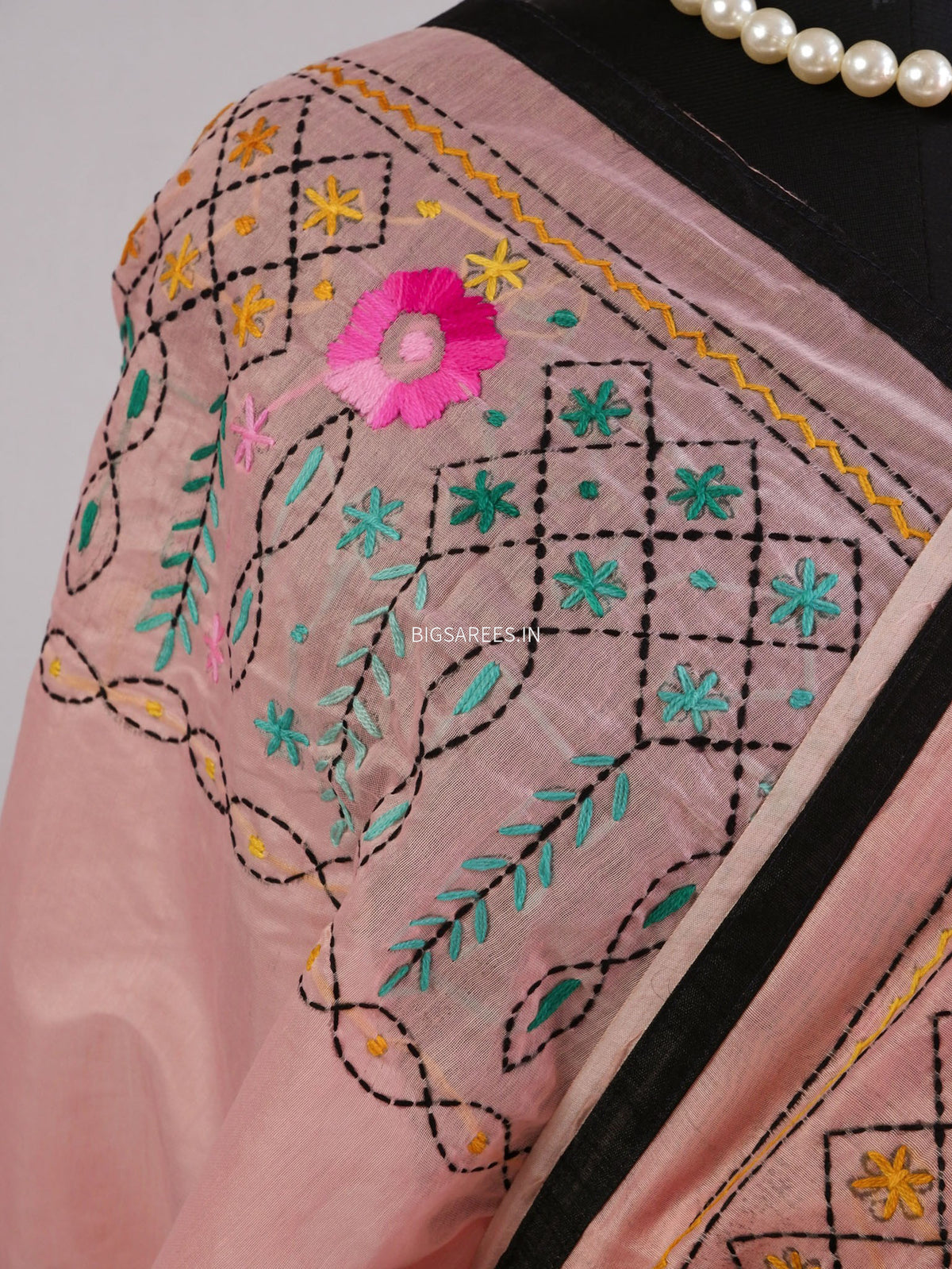 Phulkari Hand-Embroidered Saree | Chanderi Silk | Pastel Pink