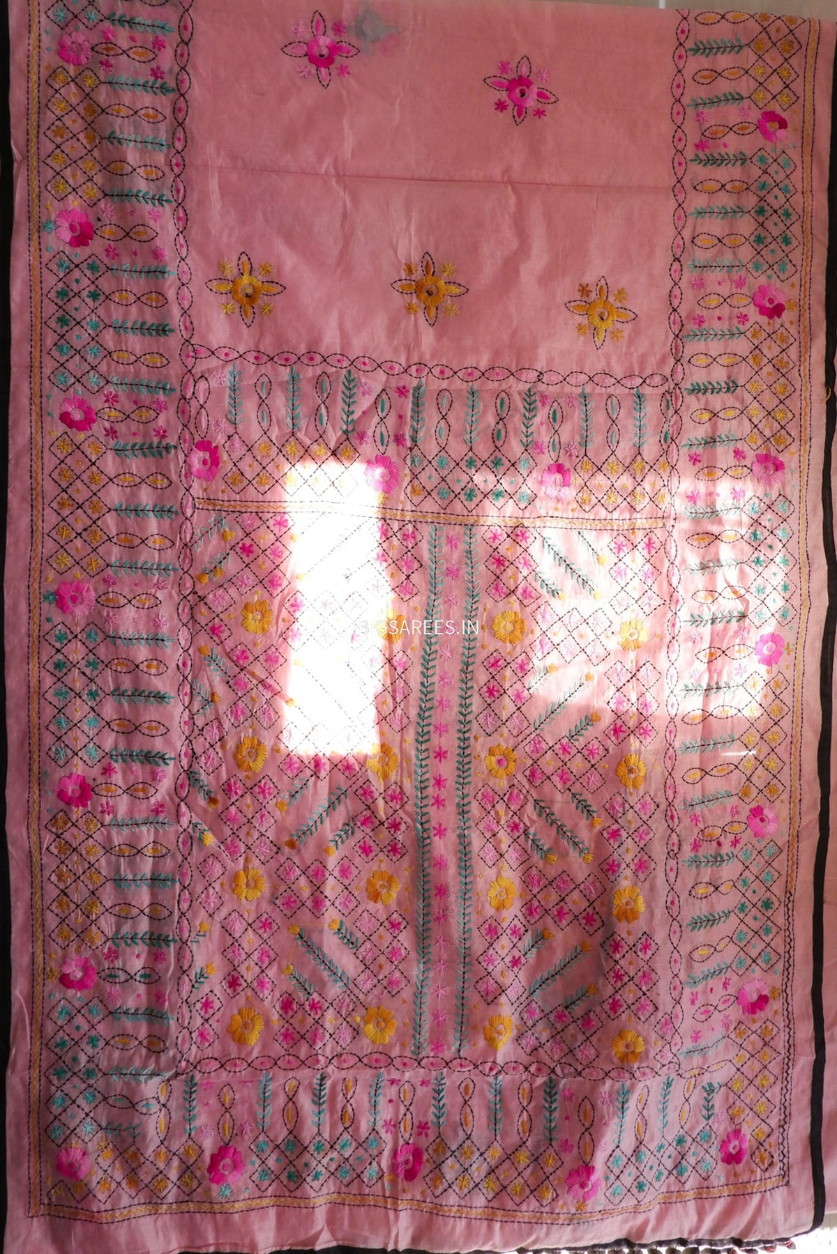 Phulkari Hand-Embroidered Saree | Chanderi Silk | Pastel Pink