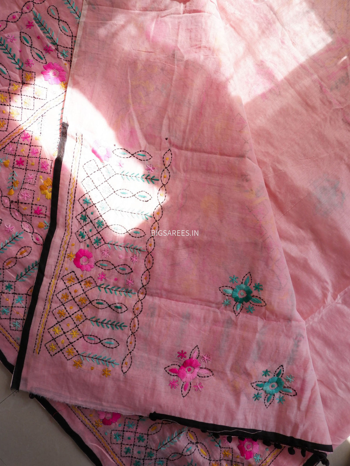 Phulkari Hand-Embroidered Saree | Chanderi Silk | Pastel Pink