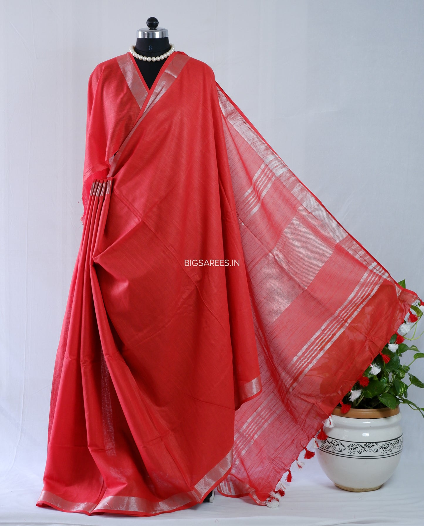 Cotton Linen Saree | Red